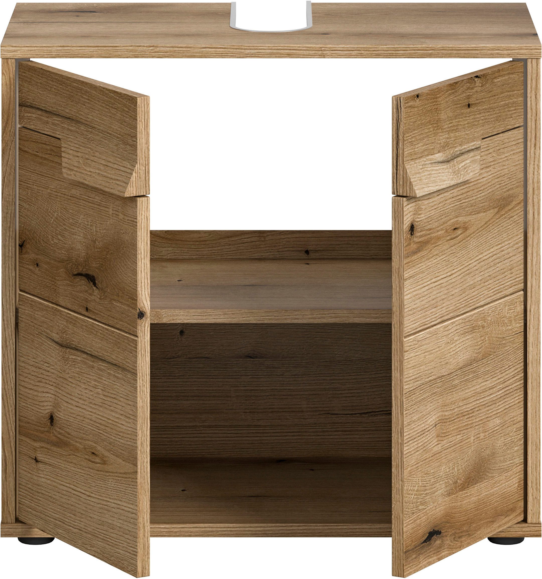 welltime Wastafelonderkast Kayu, breedte 64 cm, 2 deuren, 1 plank uniek grepenontwerp, badkast, badmeubels, badkamer, bad