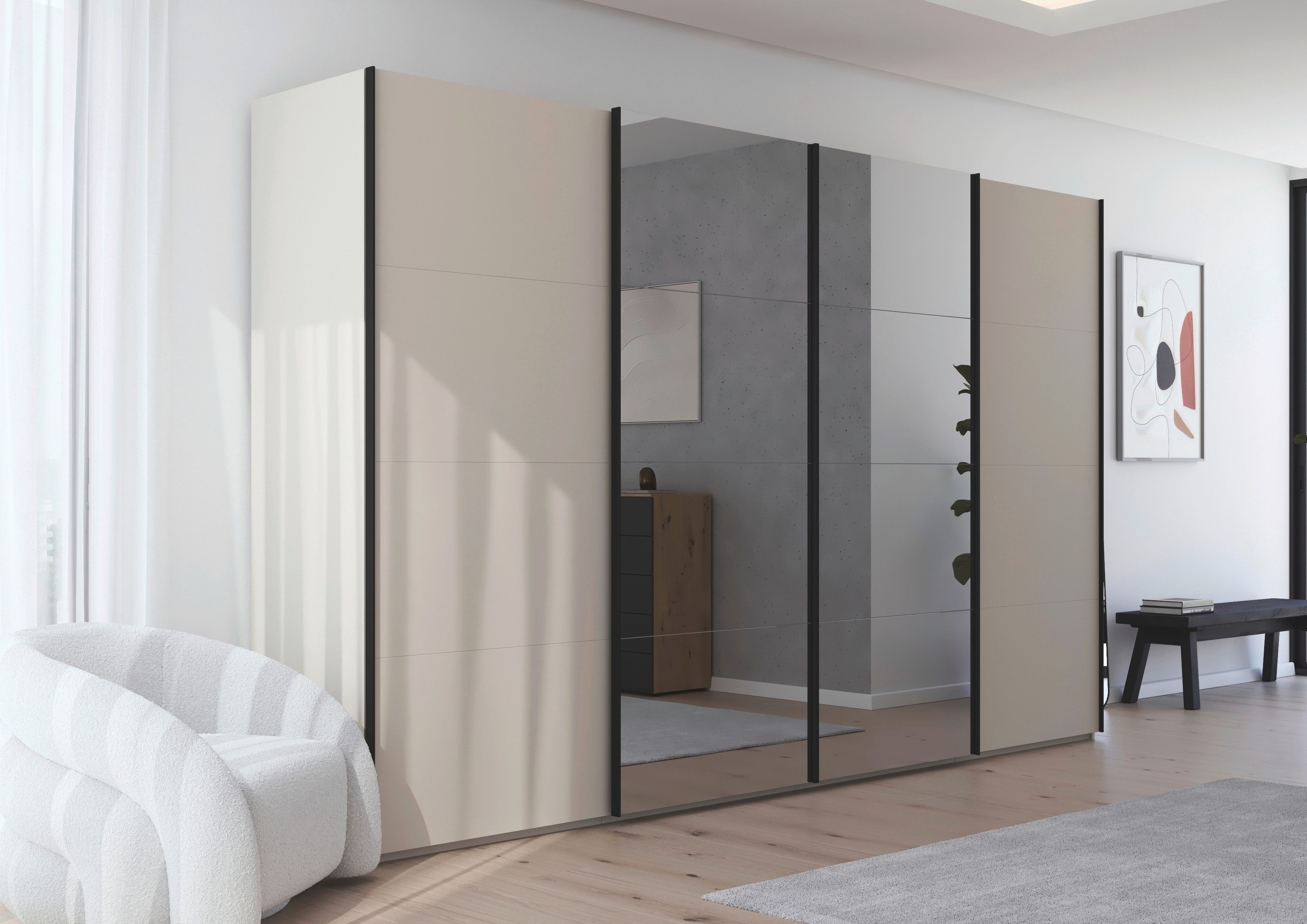 rauch Schuifdeurkast Kledingkast Kast Garderobe Slaapkamerkast SCALE-FYRA edel vierdelige deuren met spiegel en veel kleuren made in germany