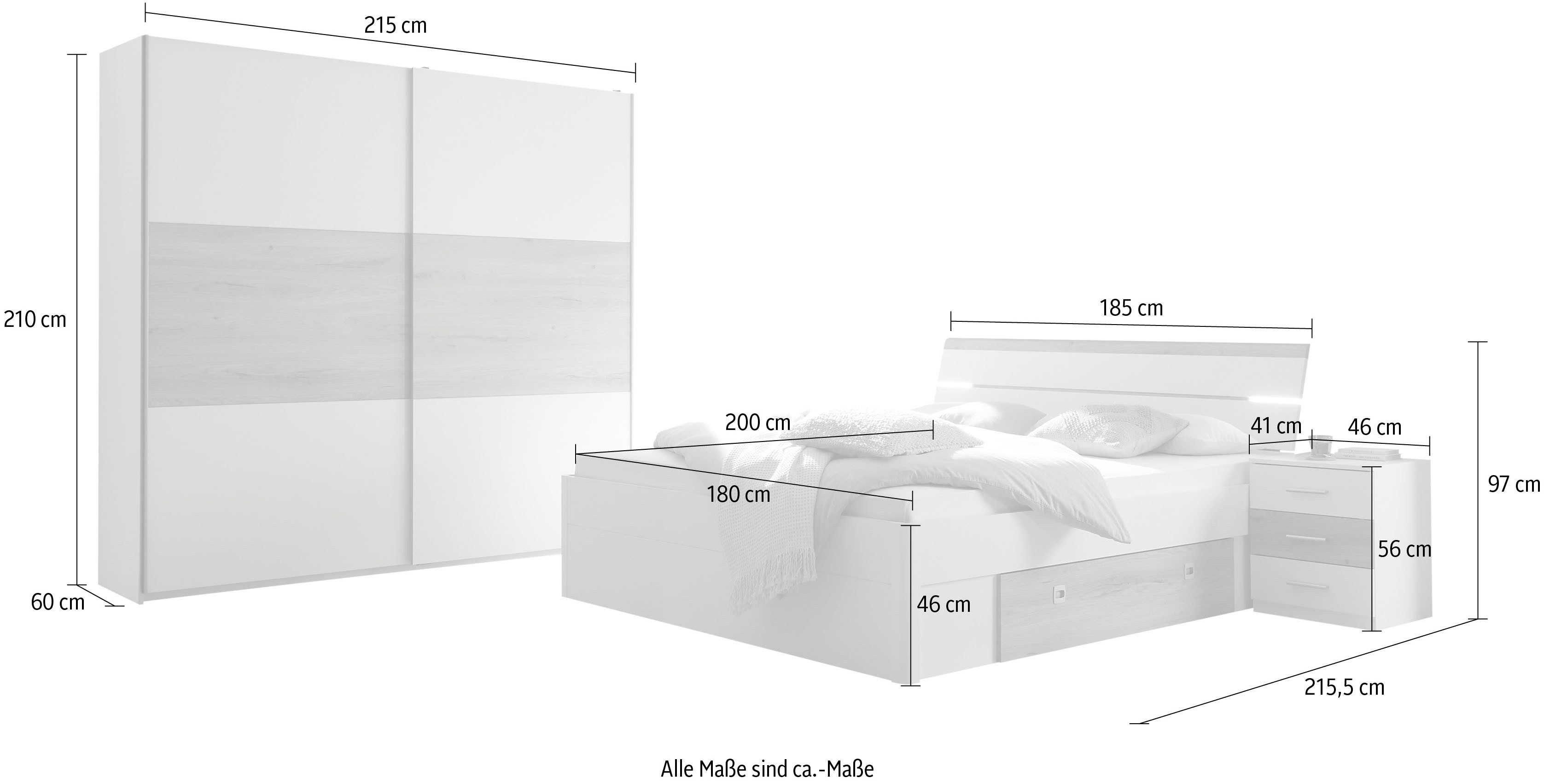Schlafkontor Slaapkamerserie Kiara kledingkast, bed, nachtkastjes, bedlades Verlichting in het hoofdeinde, bed inclusief bedlades (set)