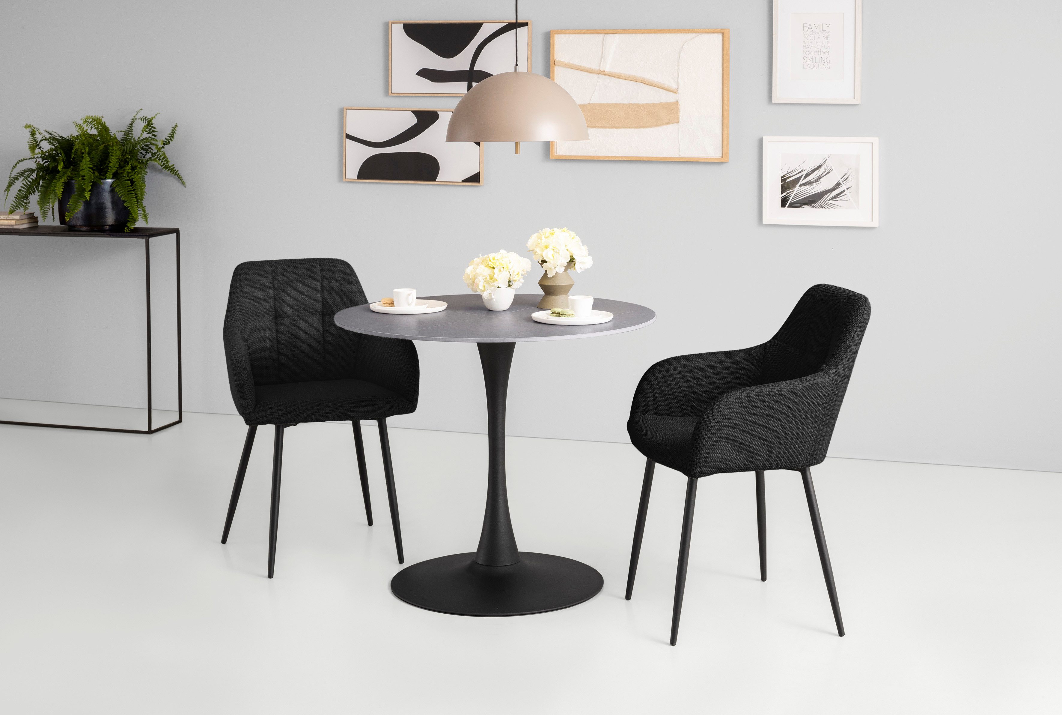 HELA Eethoek MOSEL Tafel 90x75 cm, ronde plaat, gesinterde steen, armleuningsstoel (3-delig) eethoeken grijs