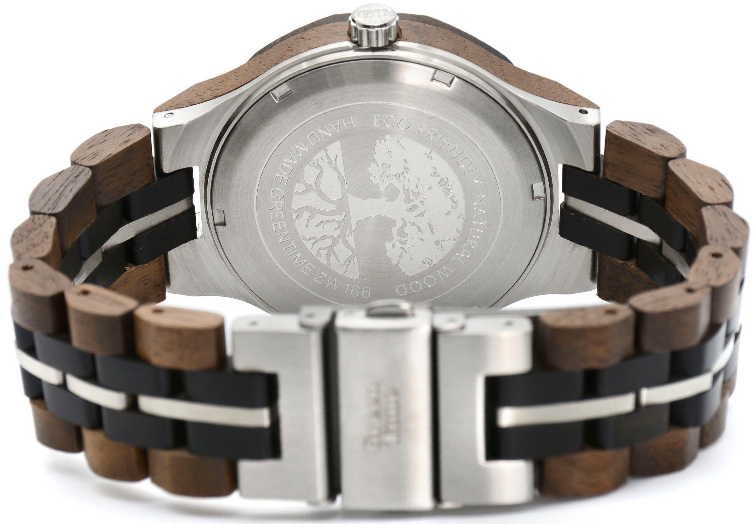 GreenTime Kwartshorloge ZW166D Polshorloge, herenhorloge, houten horloge, datum