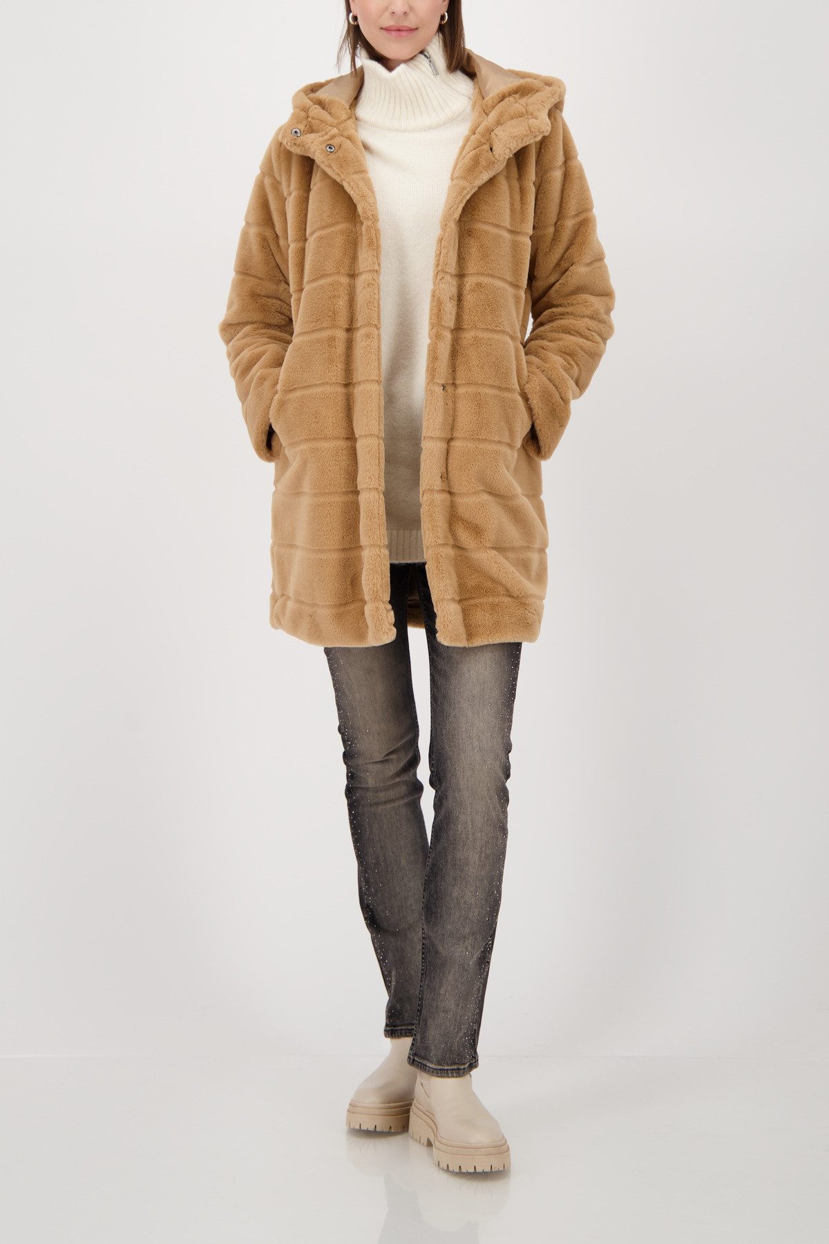 Monari Lange jas van imitatiebont Regular fit met ronde hals en capuchon