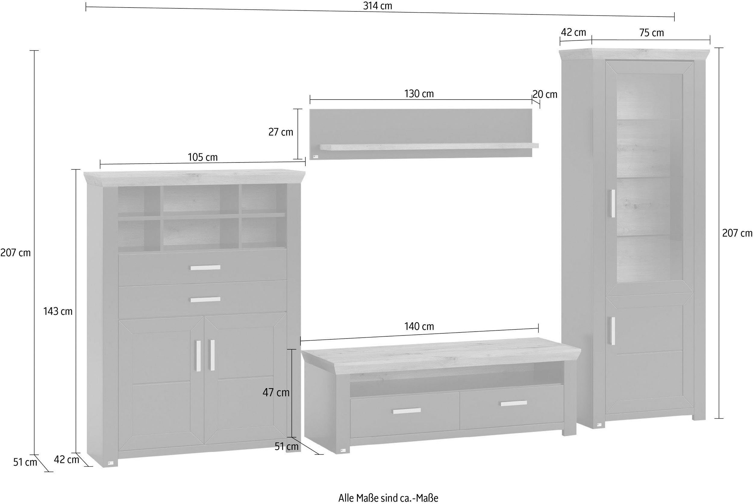 set one by Musterring Wandmeubel York Combinatie 23, in 3 kleurvarianten, totale breedte 314 cm (4-delig)