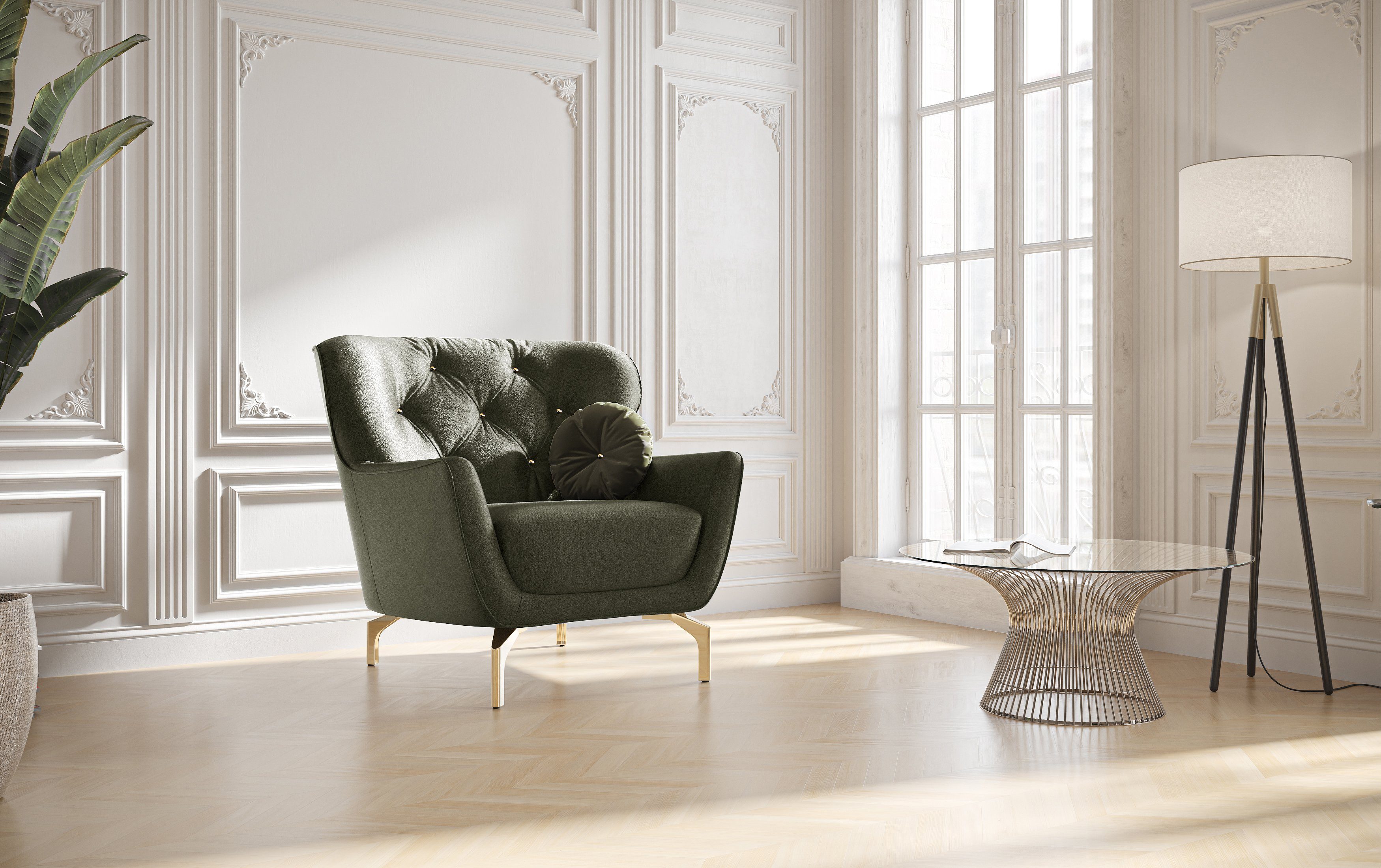 sit&more Fauteuil Orient 3 inclusief 1 sierkussen met strassteentjes, goudkleurige metalen poten