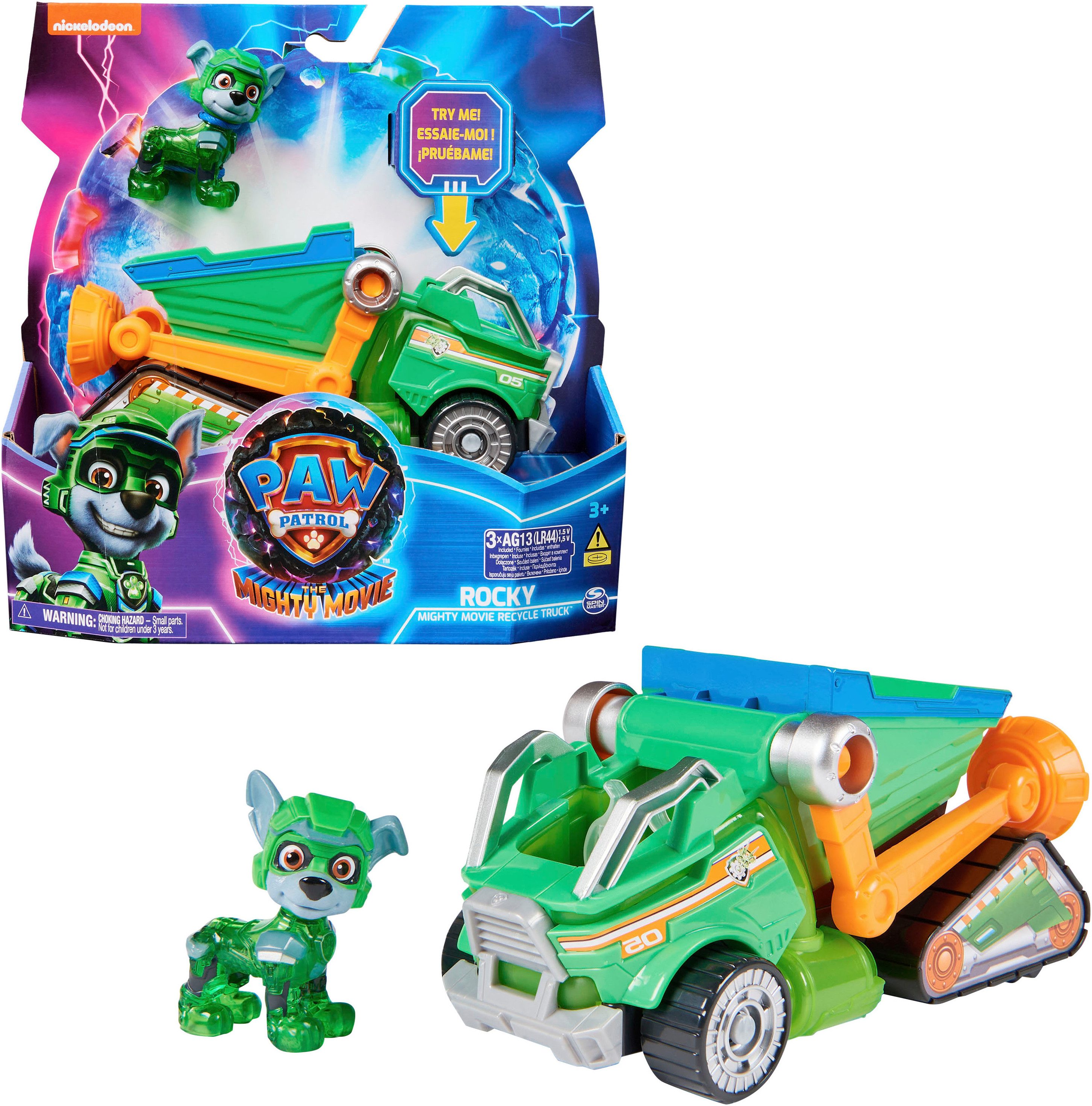 Spin Master Speelgoedauto Paw Patrol - Movie II - Basic Themed Vehicles Rocky Vuilnisauto met puppyfiguur, licht- en geluidseffect