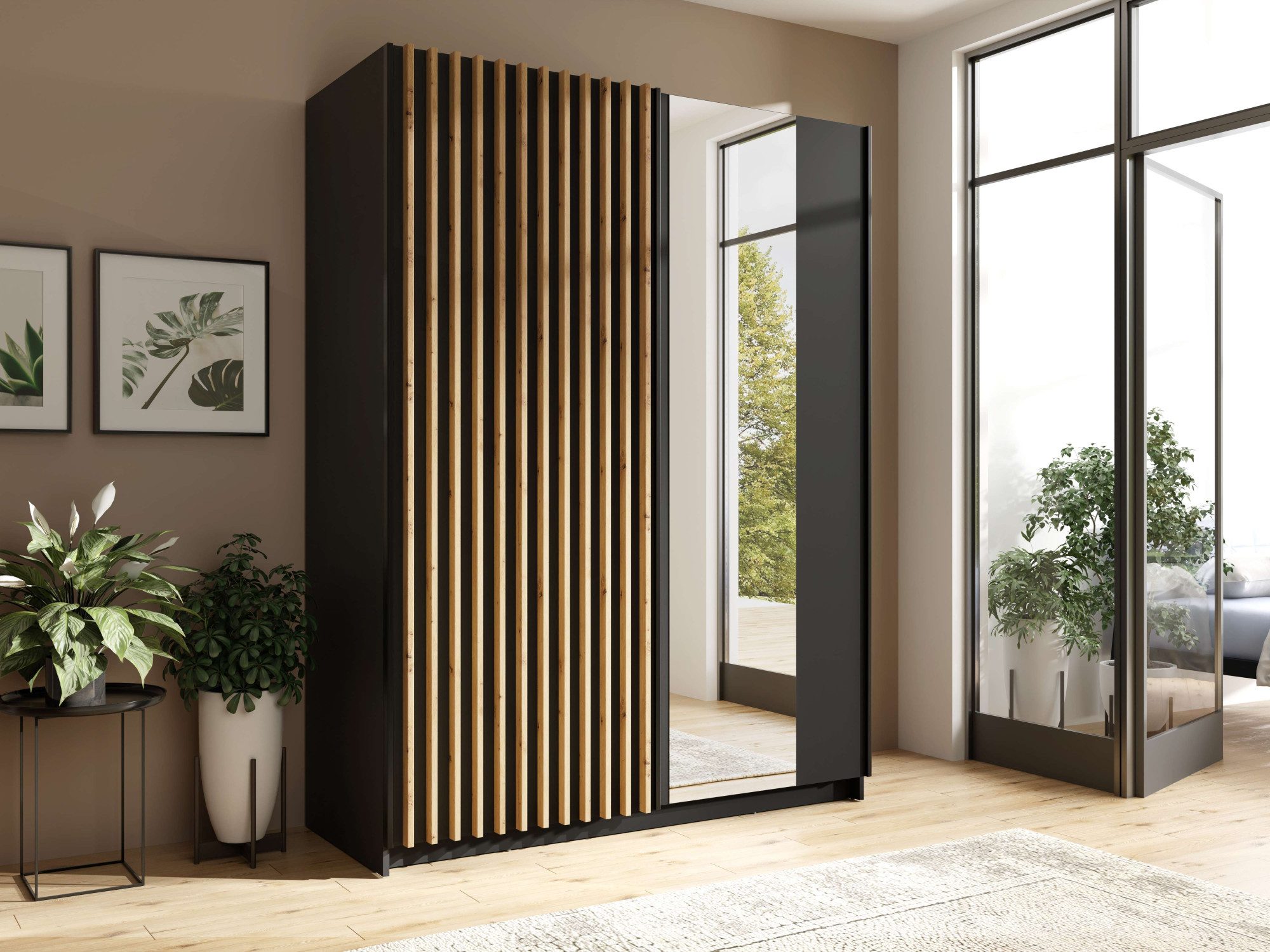 INOSIGN Kledingkast Camden met spiegel, 4 legplanken en kledingstang Garderobe met 2 schuifdeuren en lamellen, BxHxD 150,5x198,5x61,6 cm