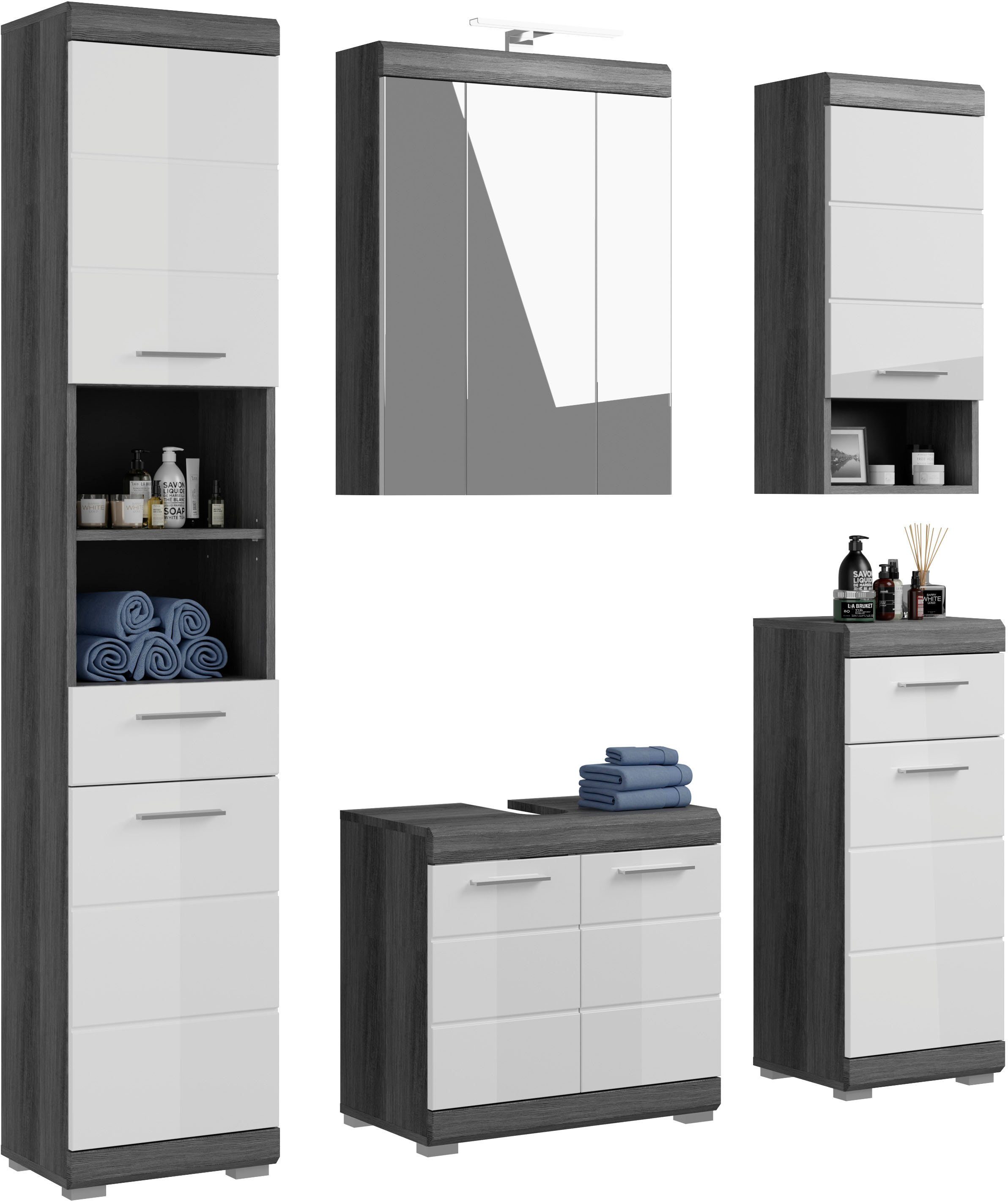 inosign badkamerserie siena hoge kast, spiegelkast, wastafelkast, wandkast, onderkast (set) grijs