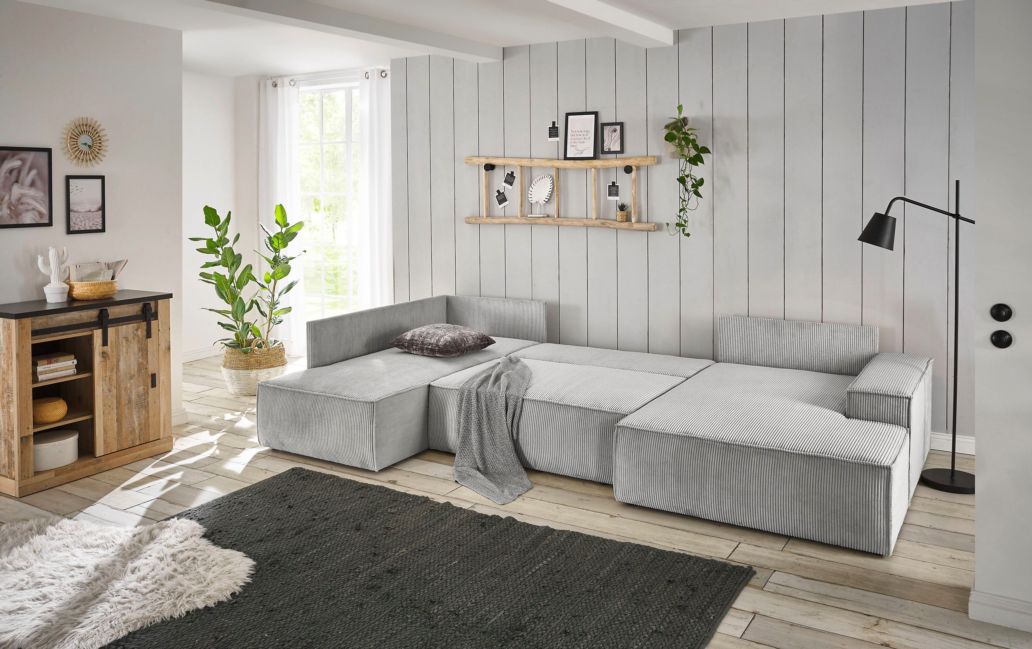 Home affaire Zithoek SHERWOOD 329 cm, U-vorm, slaapbank, Slaapfunctie met bedkist (194x139 cm), cord, vintage, fluweel