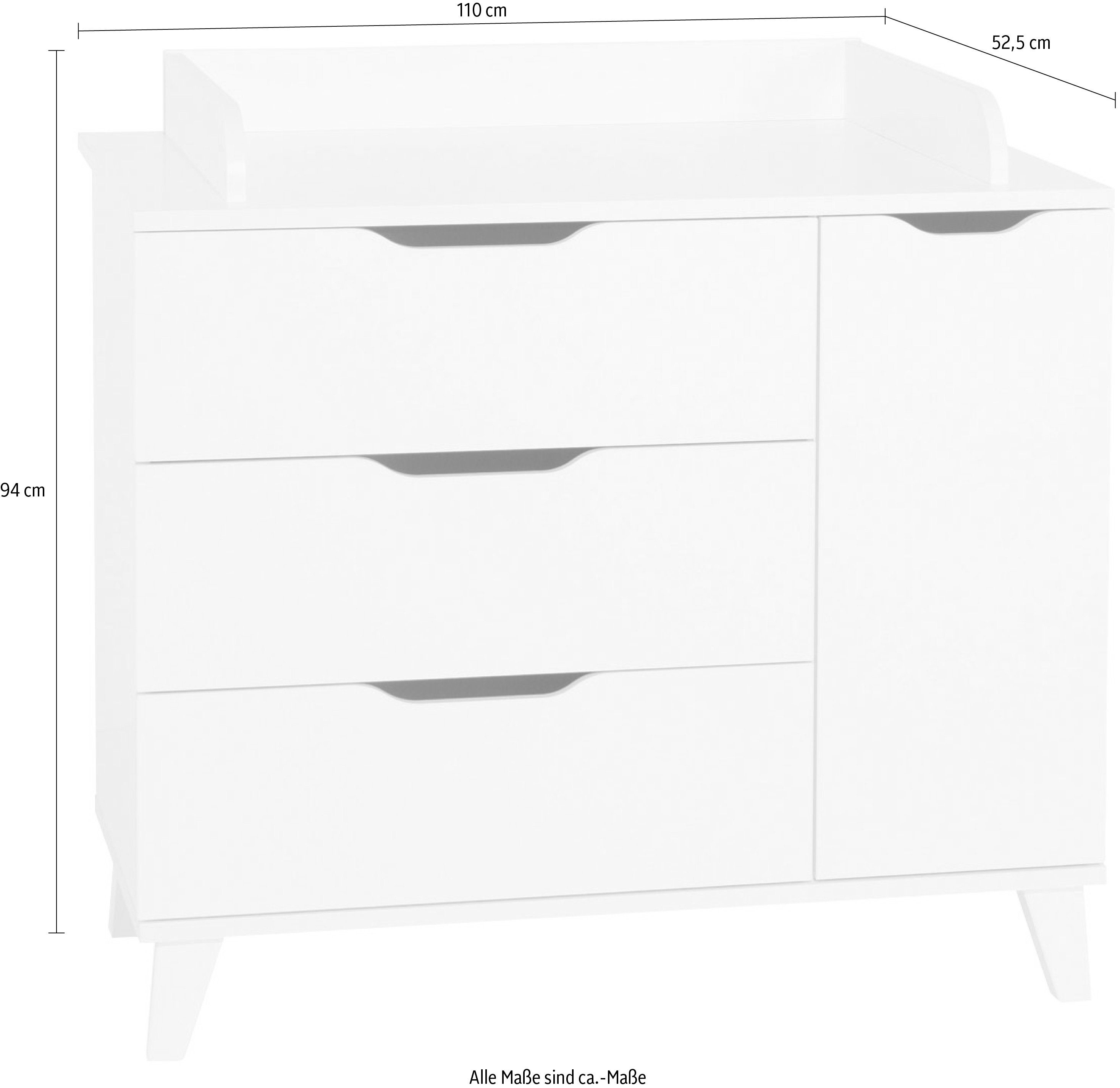PAIDI Kinderwelten Commode MICHA, by PAIDI, 3 laden 1 deur inclusief aankleedkussen, poten massief hout