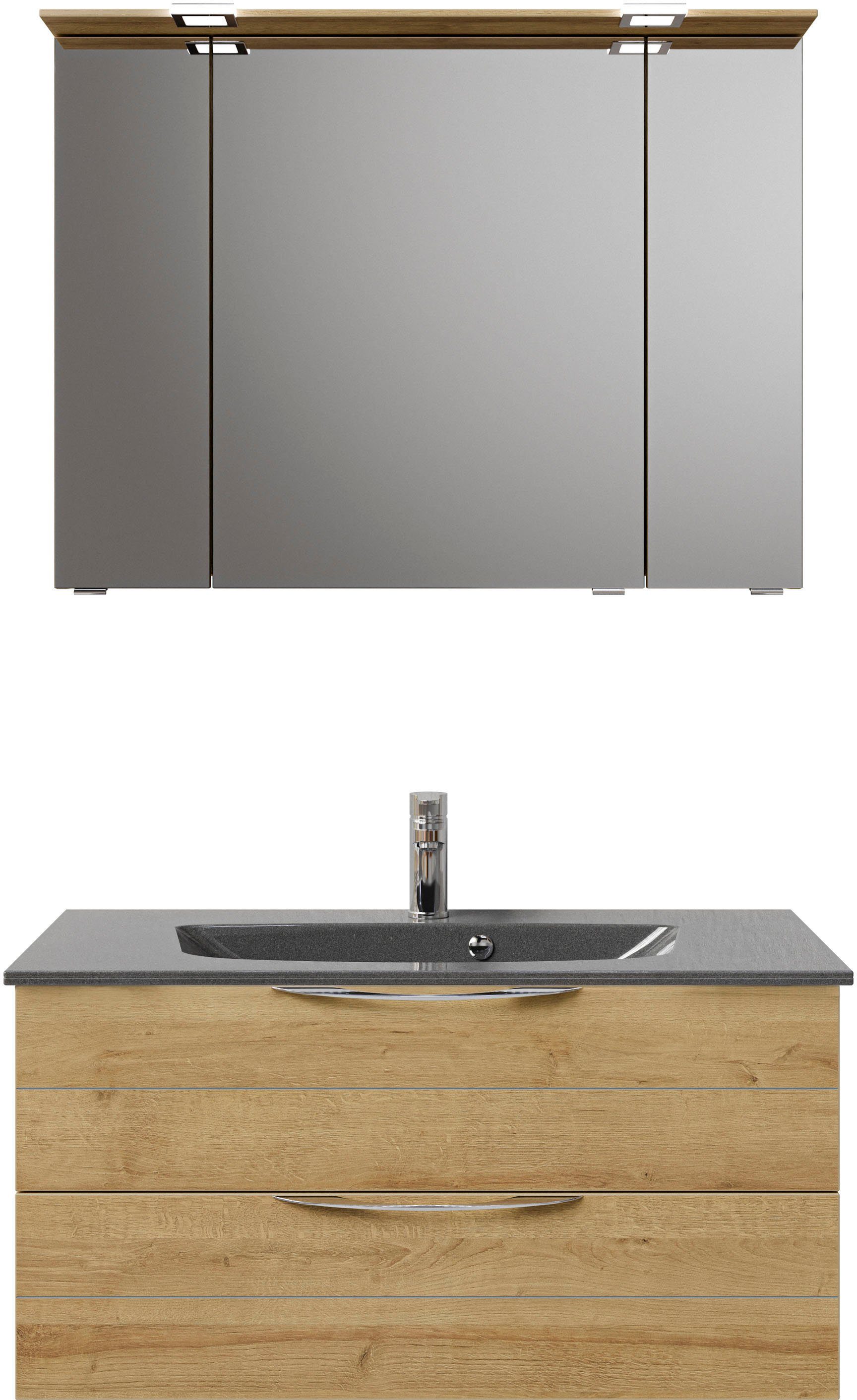 Saphir Badkamerserie Serie 6025 2-delig, mineraalmarmeren wastafel met led-spiegelkast Wastafelmeubel 97 cm breed, 2 laden, 3 spiegeldeuren, incl. deurdemper (2-delig)