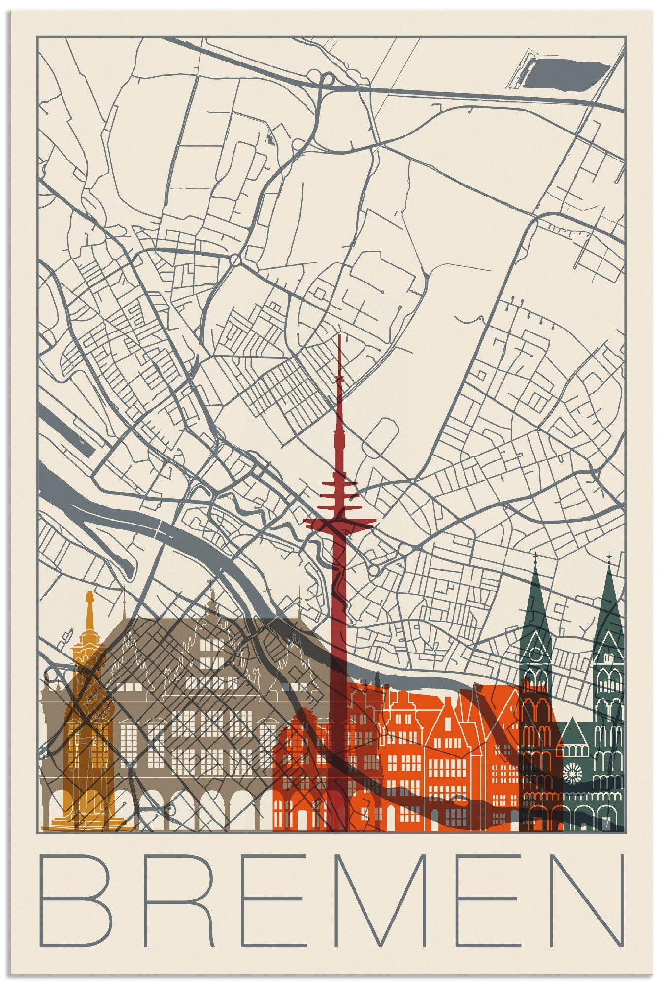 Artland Artprint Retro kaart Bremen in vele afmetingen & productsoorten - artprint van aluminium / artprint voor buiten, artprint op linnen, poster, muursticker / wandfolie ook ges