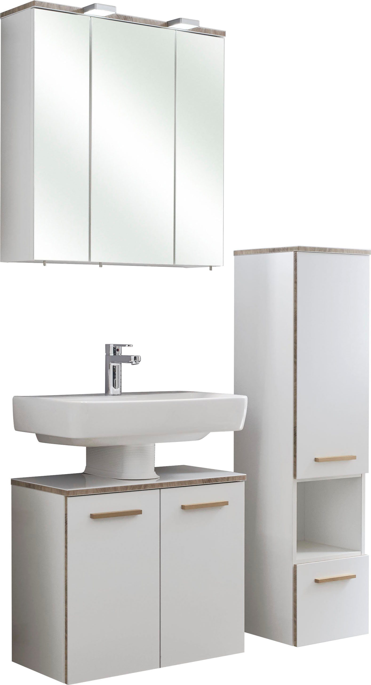 Saphir Badkamerserie Quickset 931 3-delig, wastafelonderkast met LED-spiegelkast zonder wastafel, met midikast, incl. deurdempers, 6 deuren, 1 niche