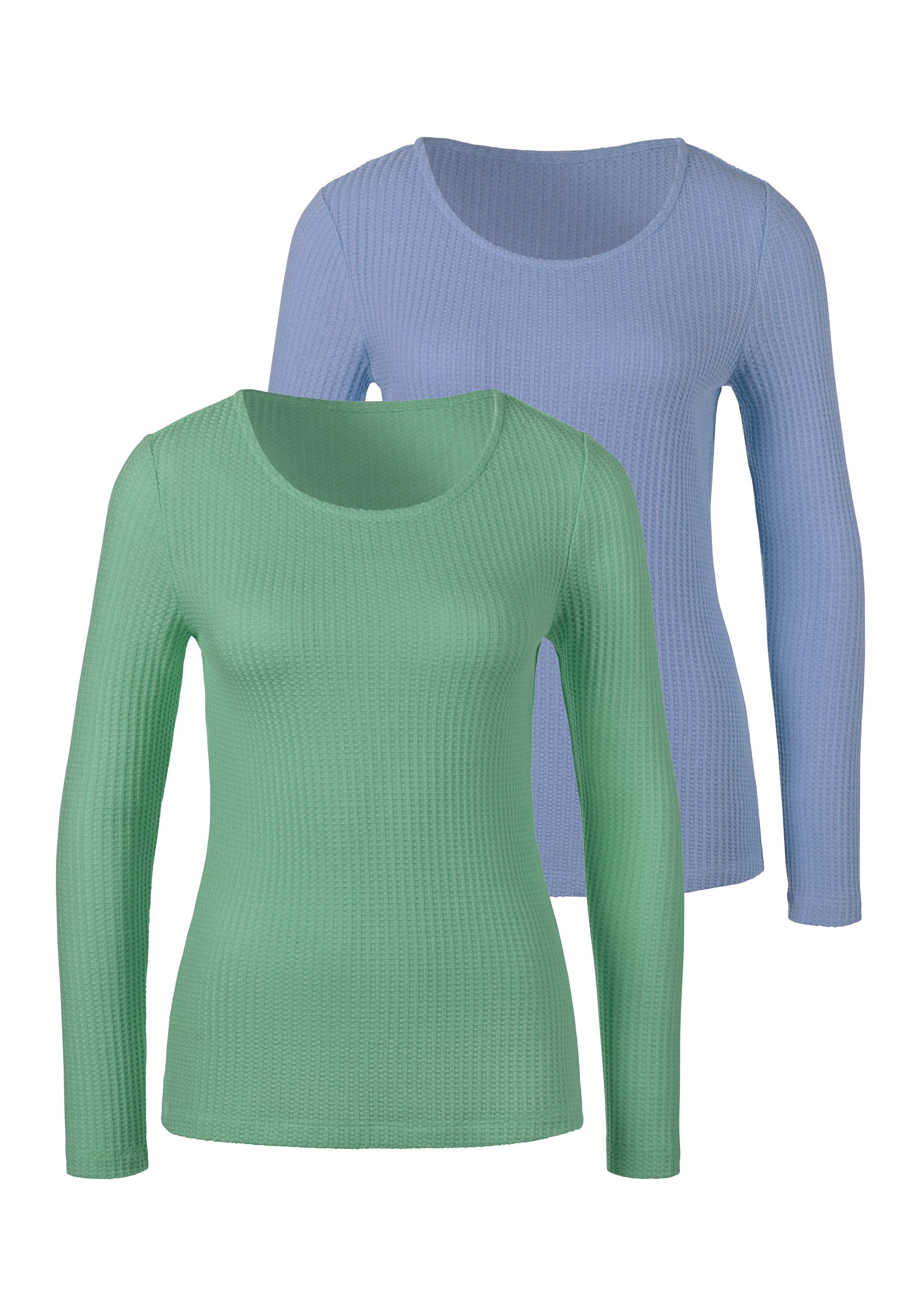 Lascana Shirt met lange mouwen In modieuze piqué-optiek van onderhoudsvriendelijke kwaliteit met viscose (Set van 2)