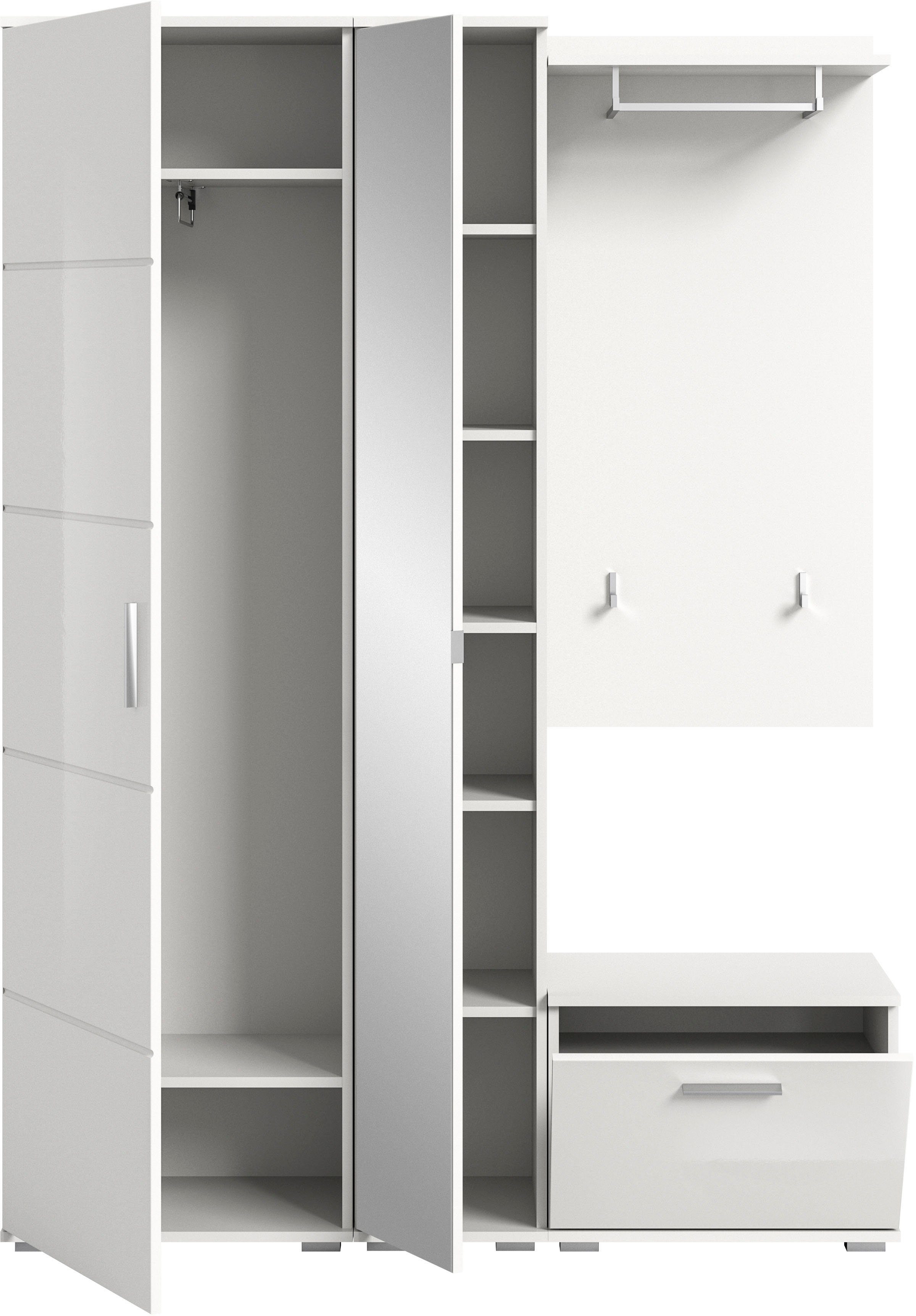 INOSIGN Halmeubelset Valge, Breedte 140 cm, 4-delig Set, bestaande uit: Garderobekast, spiegelkast, zitbank en garderobe paneel (4-delig)