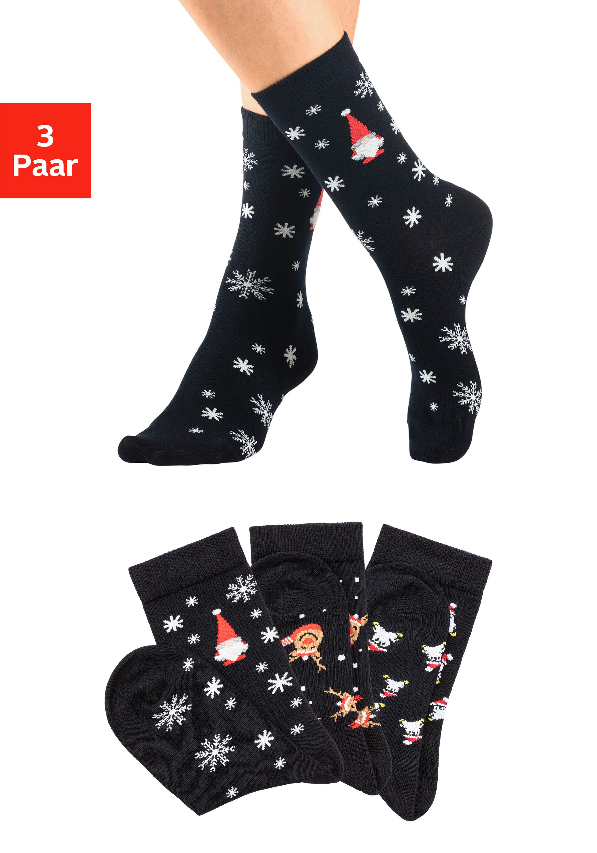 H.I.S Basic sokken Kerstsokken met kerstachtige motieven (set 3 paar)