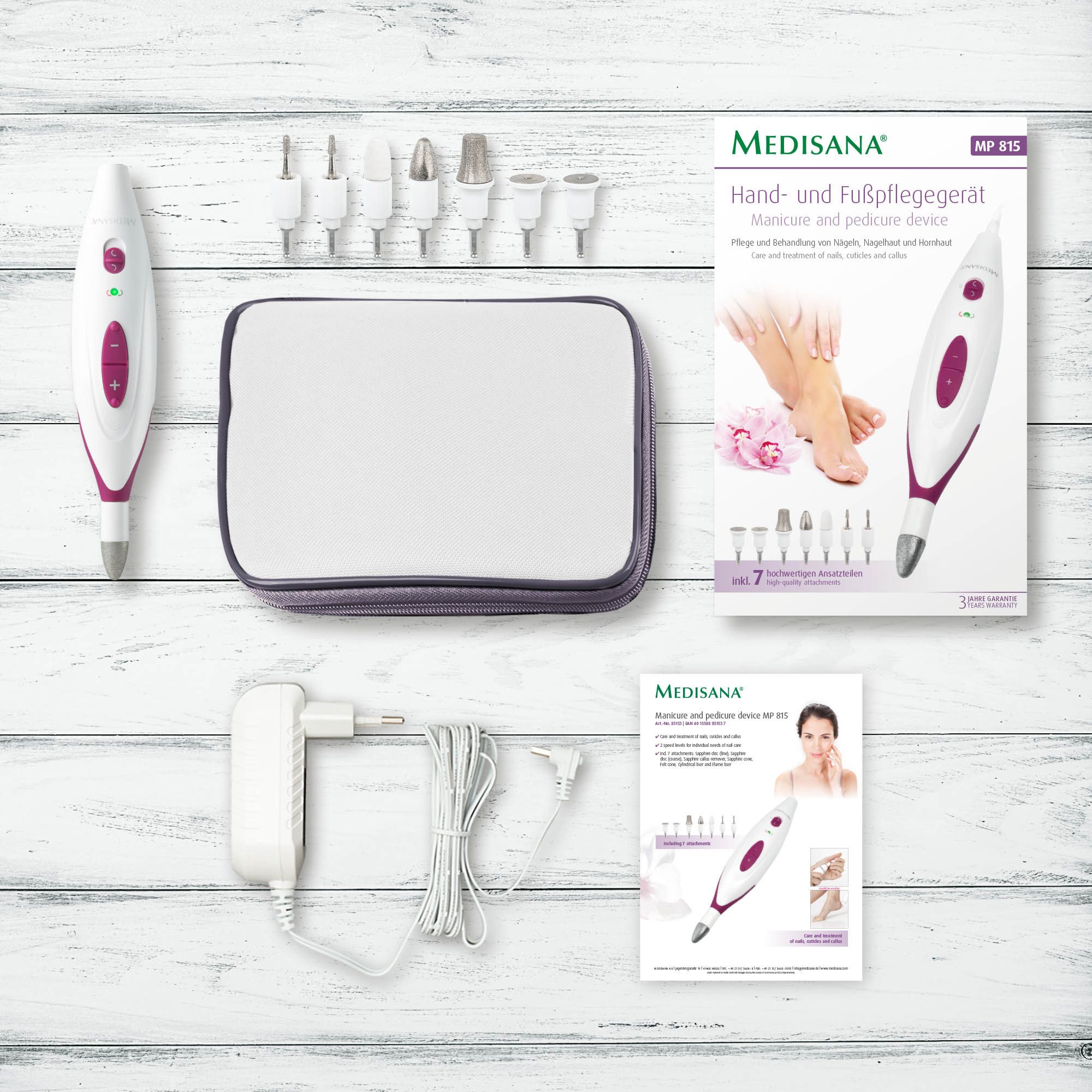 Medisana Manicure-/pedicureset MP 815 voor nagels, nagelriemen en eelt, 2 standen, links-/rechtsloop, opzetstukken