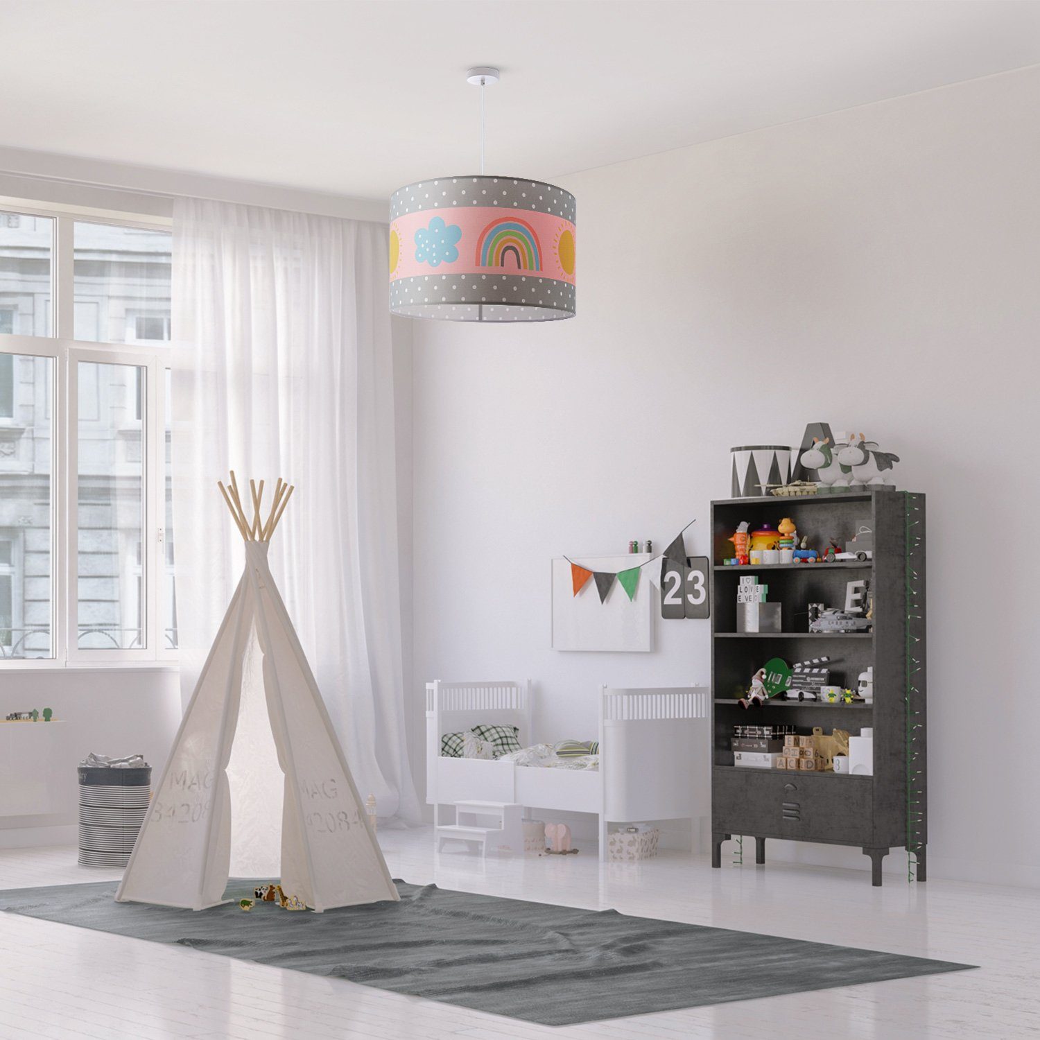 Paco Home Hanglamp Cosmo 962 Lamp kinderkamer plafondlamp regenboog zon roze grijs wit E27