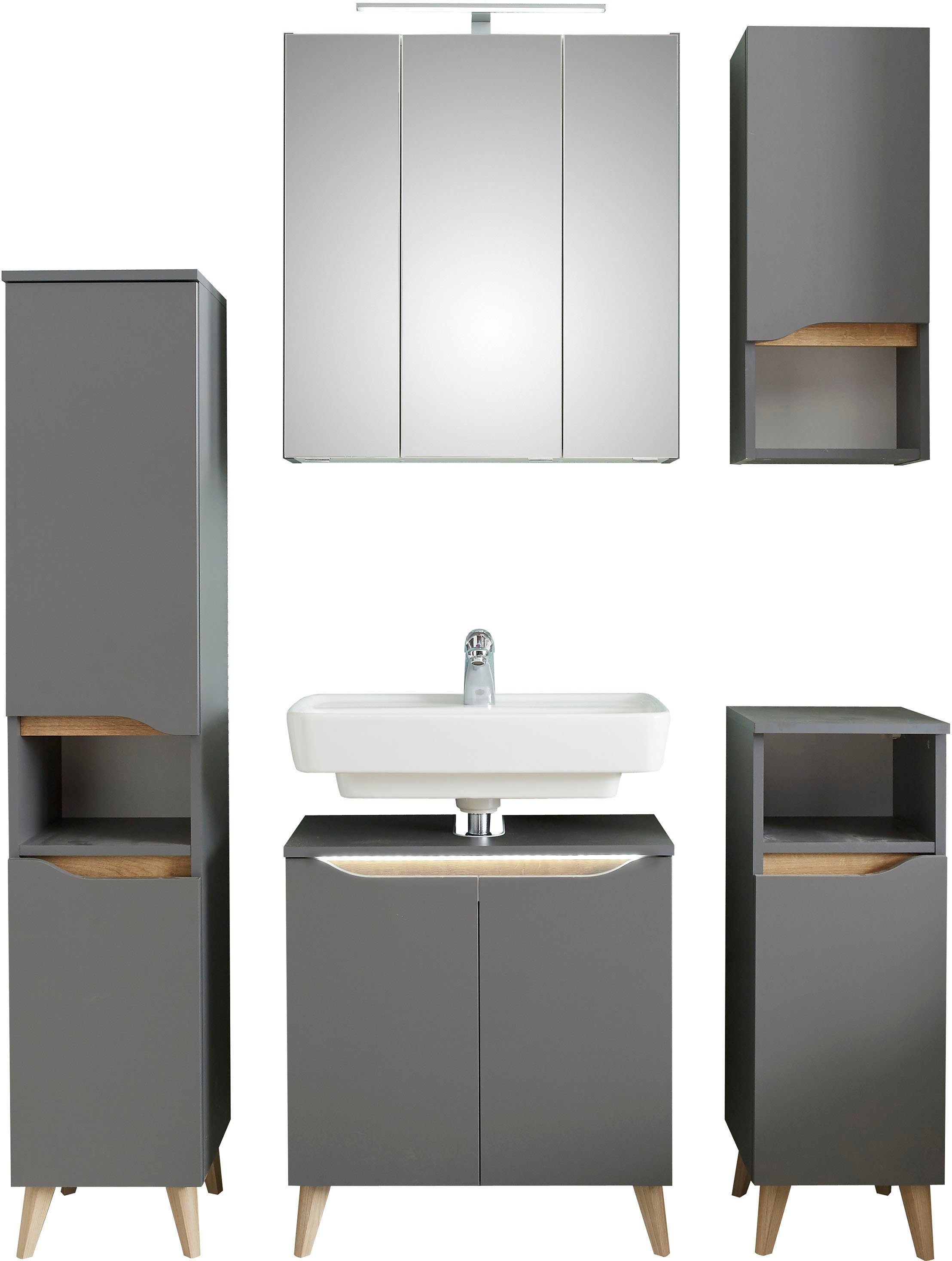 Saphir Badkamerserie Quickset 5-delig, wastafelonderkast met led-spiegelkast Halfhoge kast, onderkast, hangkast, incl. deurdemper, 9 deuren (6-delig)