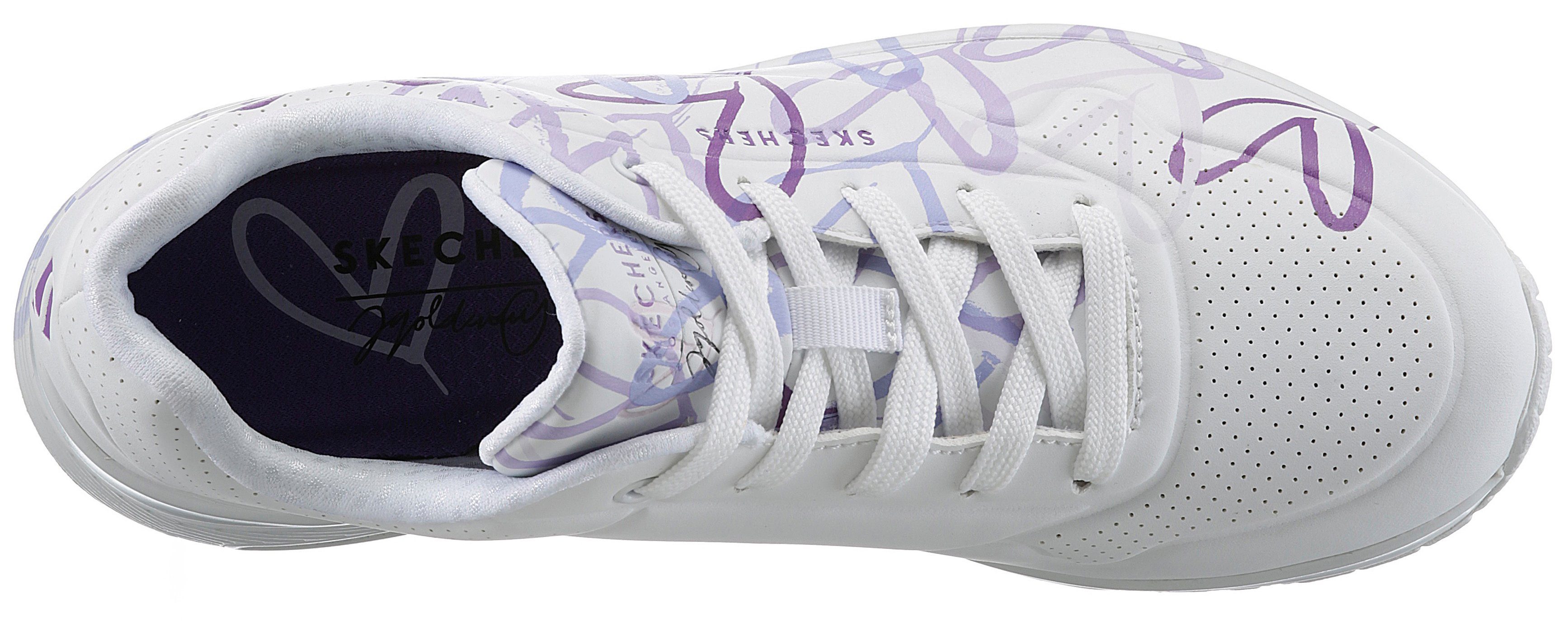 Skechers Sneakers met sleehak UNO-SPREAD THE LOVE Vrijetijdsschoen, lage schoen, veterschoen met coole graffiti-print