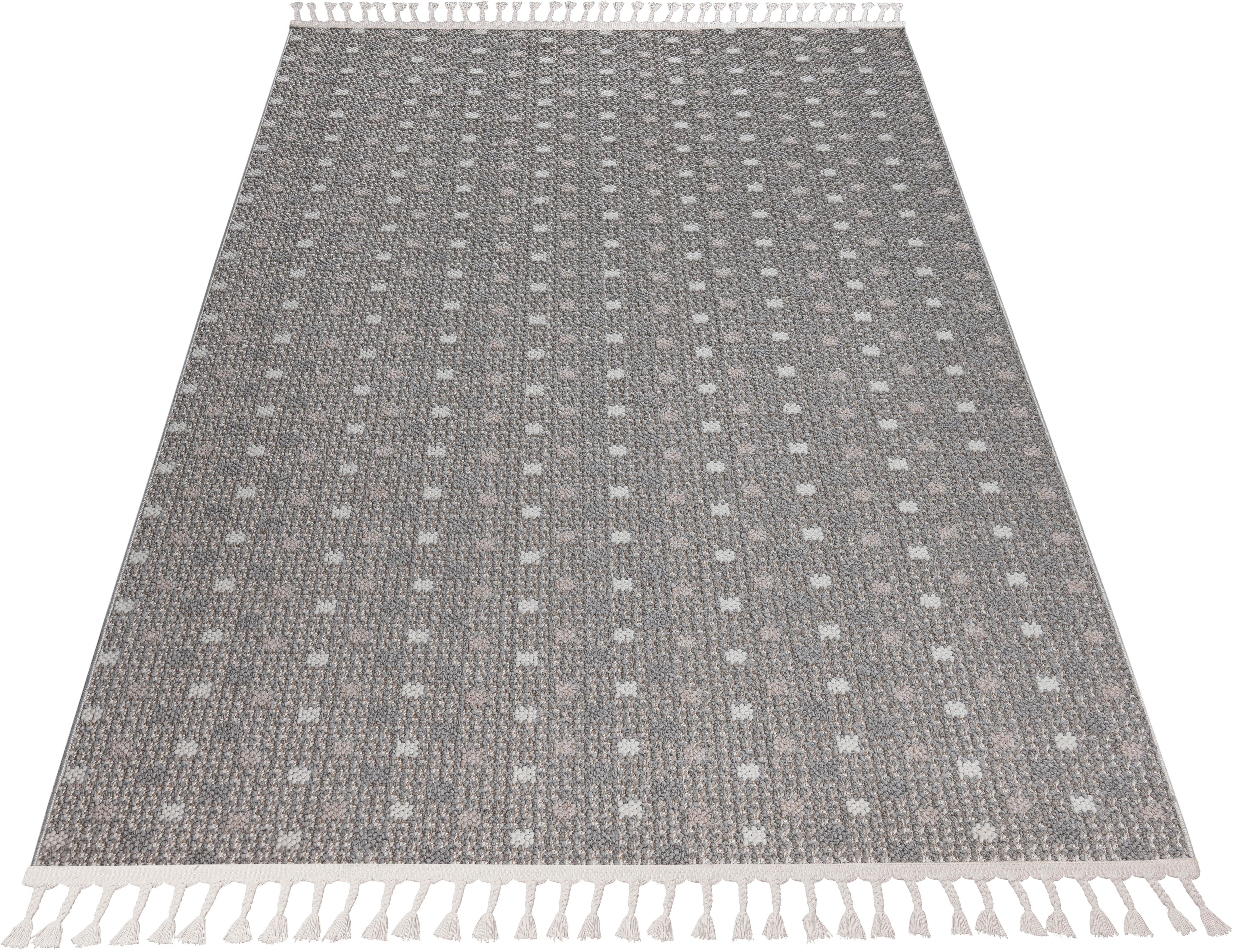 Bruno Banani Vloerkleed Dotty Wol-look, hoog-laag structuur, geschikt voor binnen en buiten, met franjes