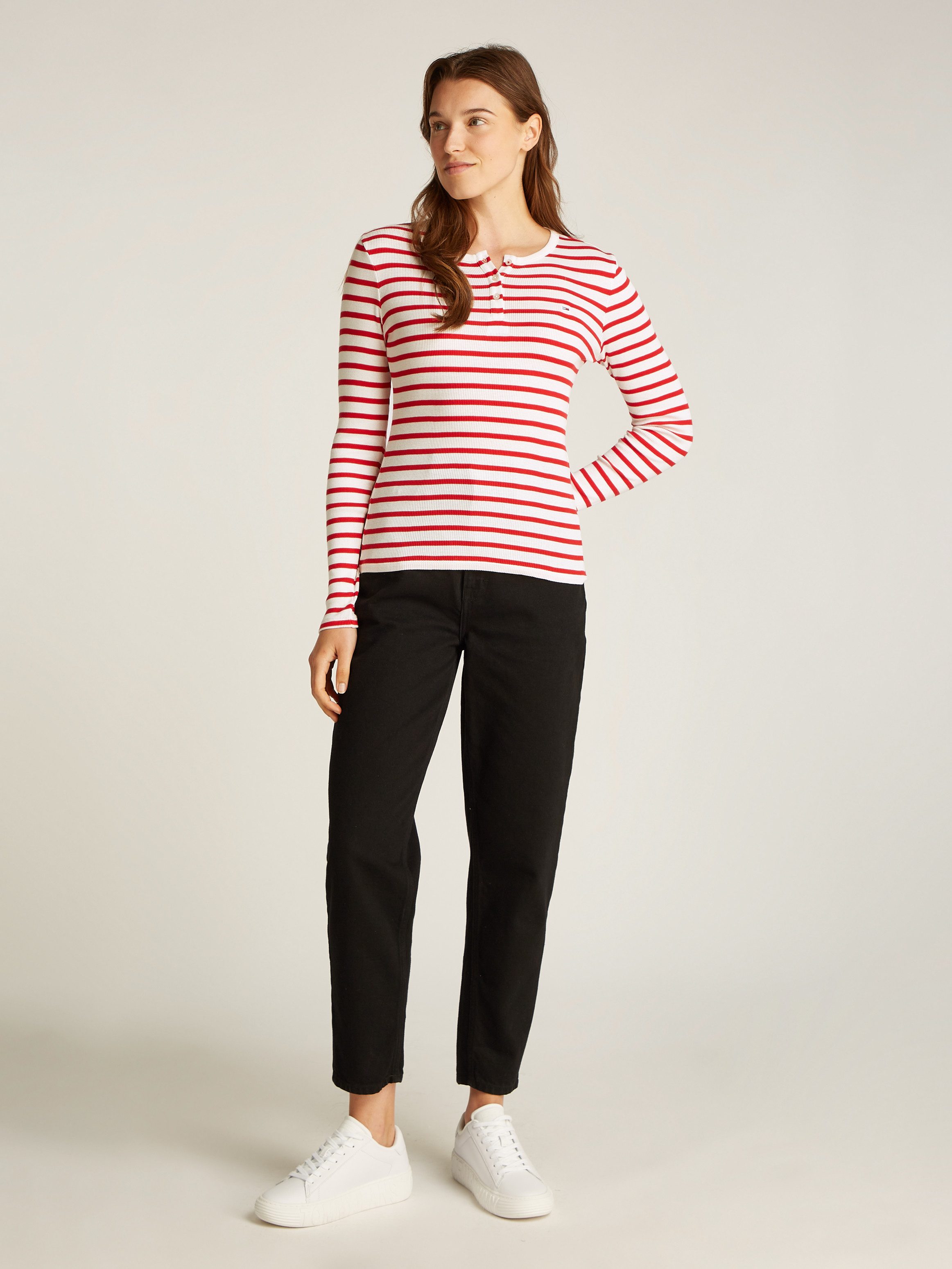 TOMMY JEANS Shirt met lange mouwen TJW SLM BUTTON RIB C-NECK LS EXT