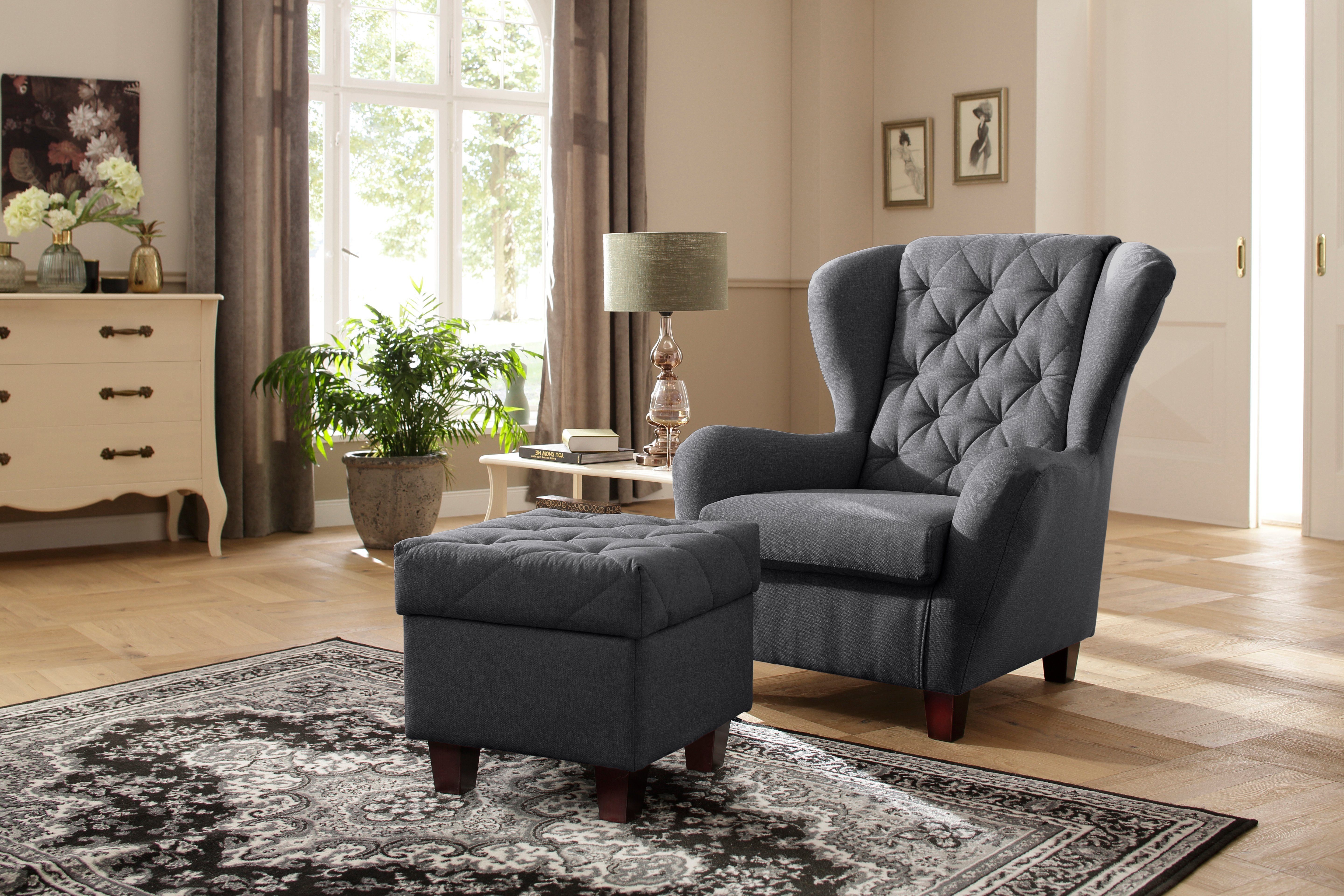 DELAVITA Oorfauteuil ALEXANDRA incl. hocker, met stiksels, in vele kleuren