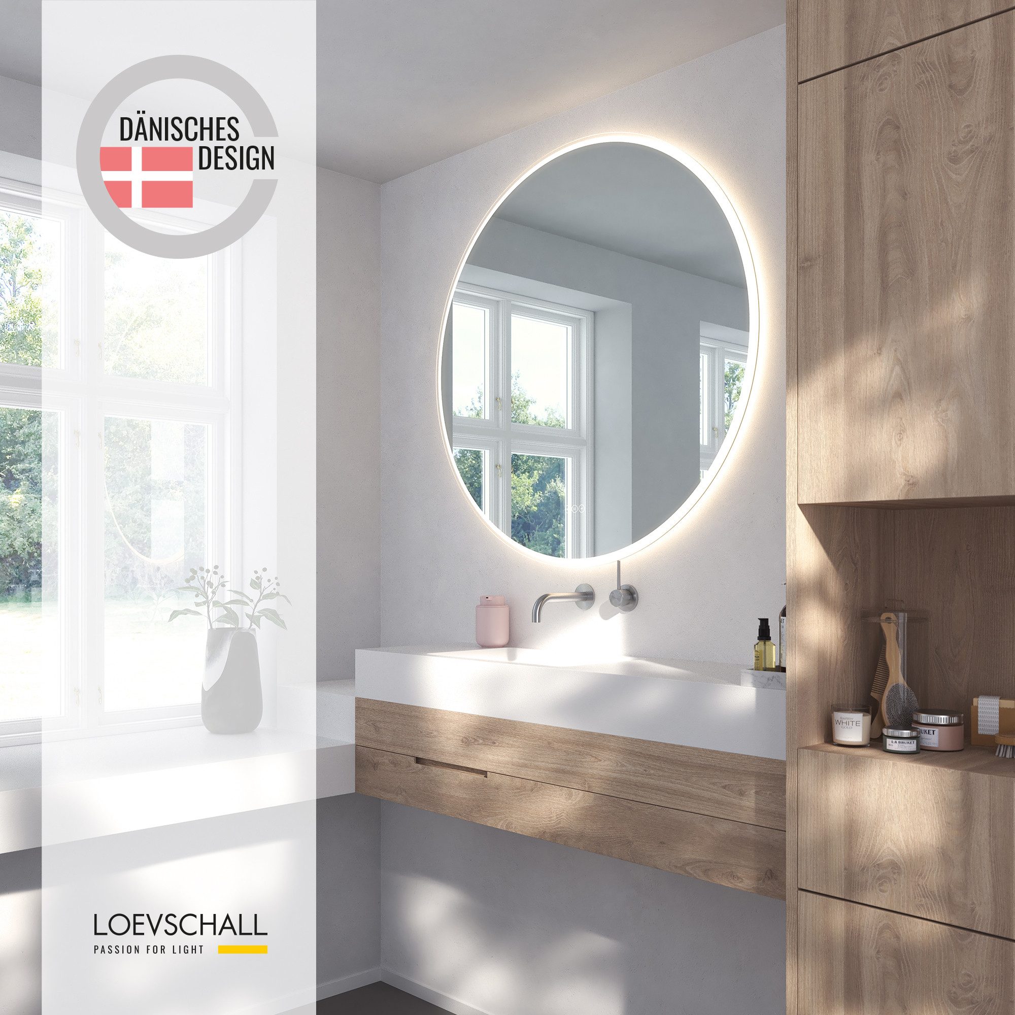 Loevschall Badspiegel Aalborg LED energiebesparende spiegel, rond, touchbediening, Touchpanel voor Lichtbediening, Verstelbare Spiegel, MultiWhite® (1 stuk)