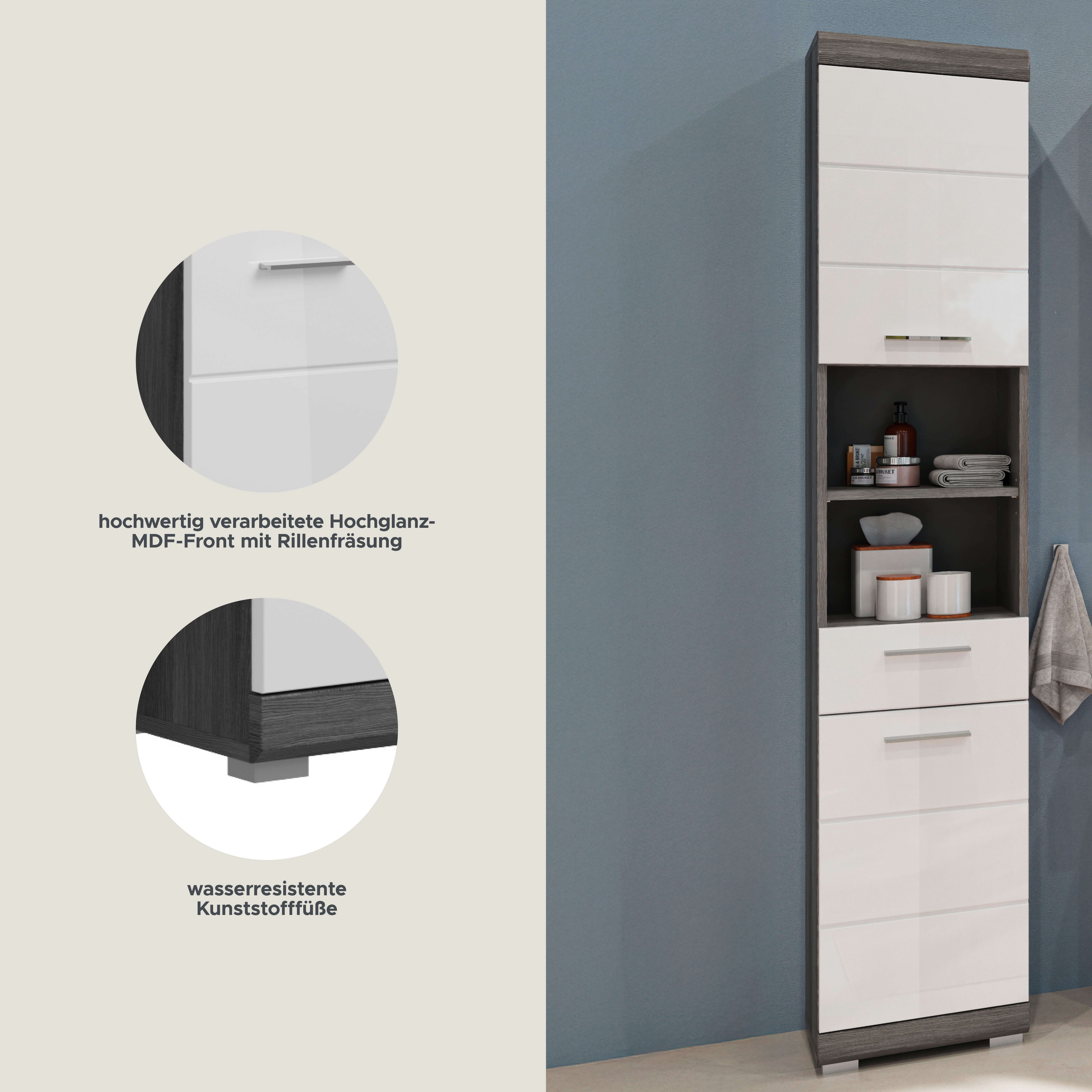 INOSIGN Hoge kast Siena, breedte 37 cm, 2 deuren, 1 lade, 2 open vakken, MDF-front in verschillende kleuren verkrijgbaar, badkamermeubels, badkamerkast, kast, badkamer (1 stuk)