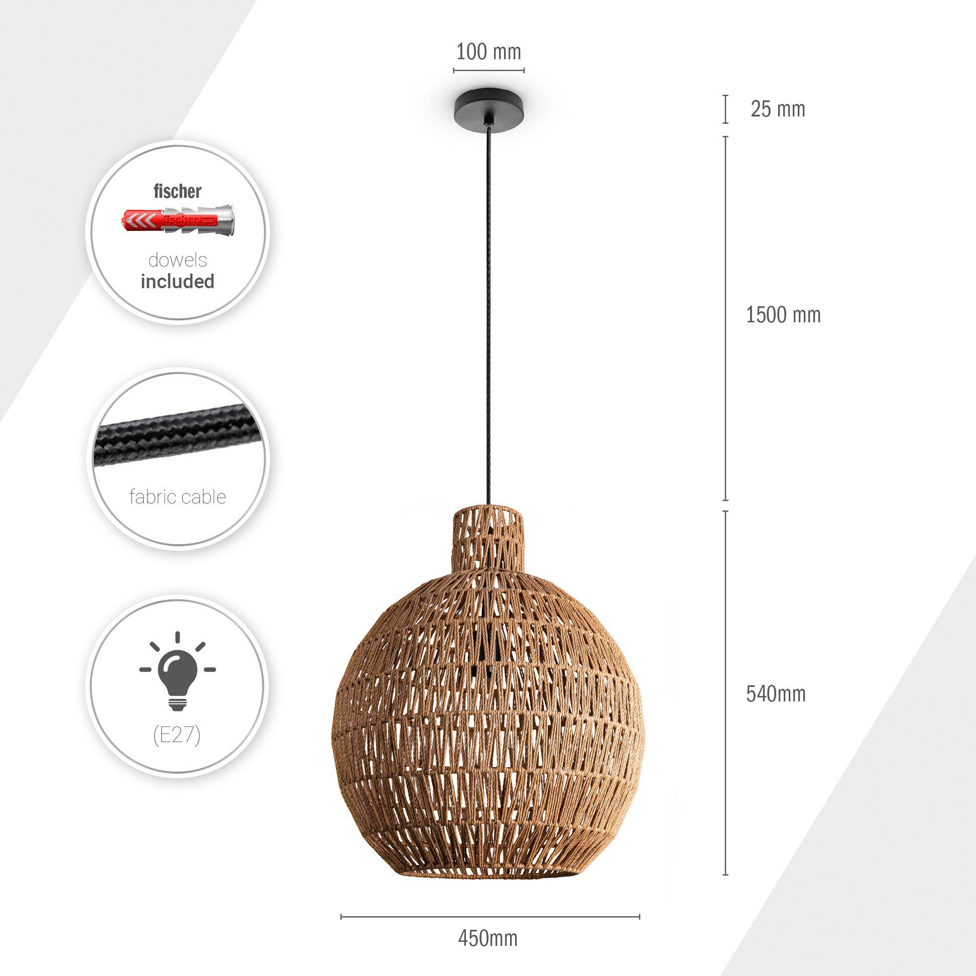 Paco Home Hanglamp Ulla Lamp papier pendellamp rustiek mand LED Boho rattan look E27