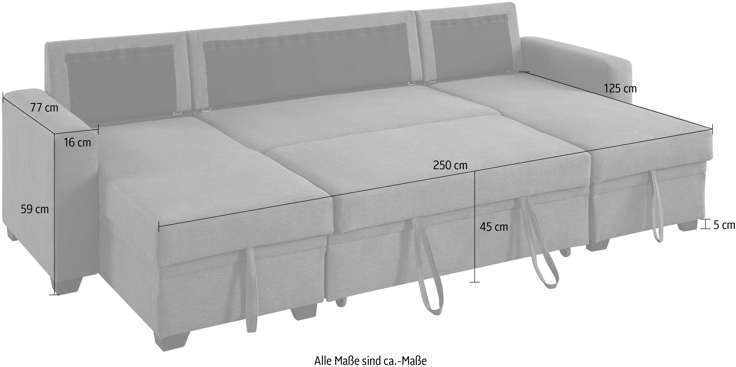 ATLANTIC home collection Zithoek Gerrit U-vorm Slaapbank, met 2 bedladen, recamière rechts of links te monteren