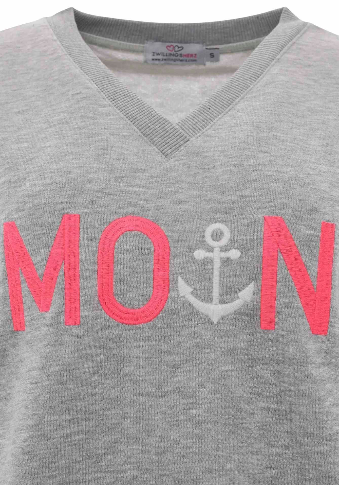 Zwillingsherz Sweatshirt met v-hals en geborduurd "moin" in neonkleuren