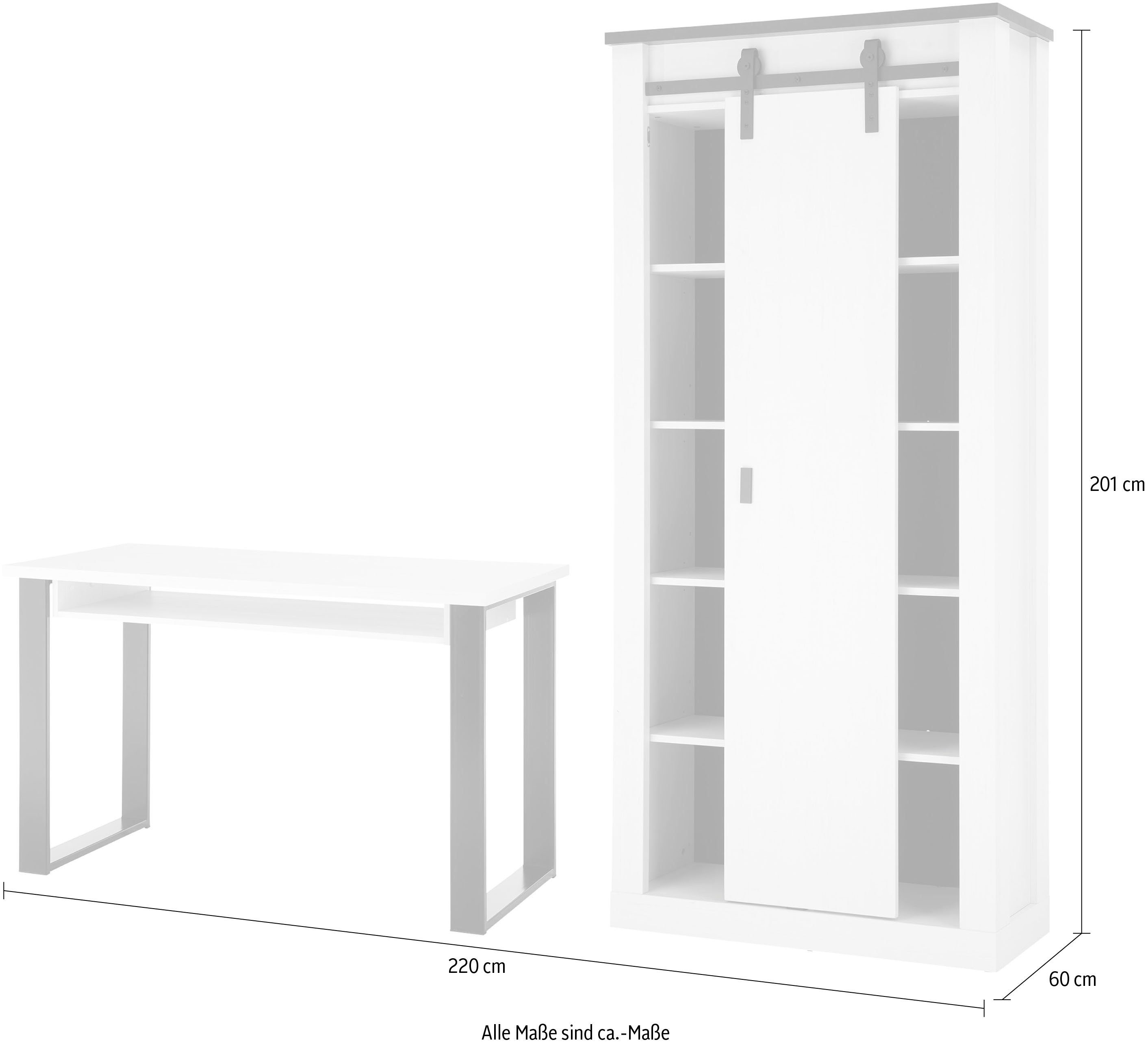 Home affaire Kastenset Sherwood Kantoormeubelenset, met schuurdeurbeslag van metaal, breedte ca. 220 cm (2-delig)