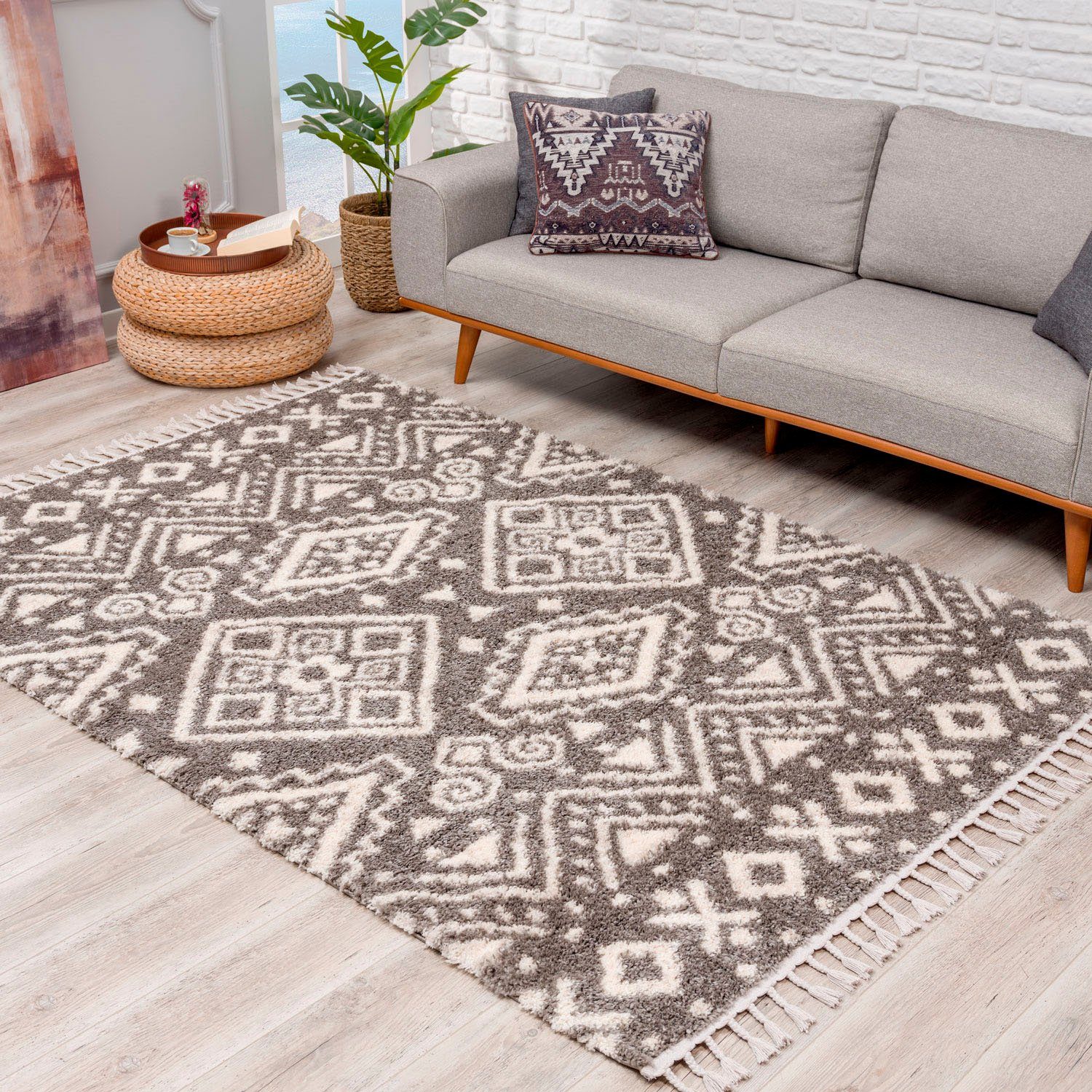Carpet City Hoogpolig vloerkleed Pulpy 541 bijzonder zacht, met franje, etno-look moderne vloerkleden maat 240x340 cm grijs