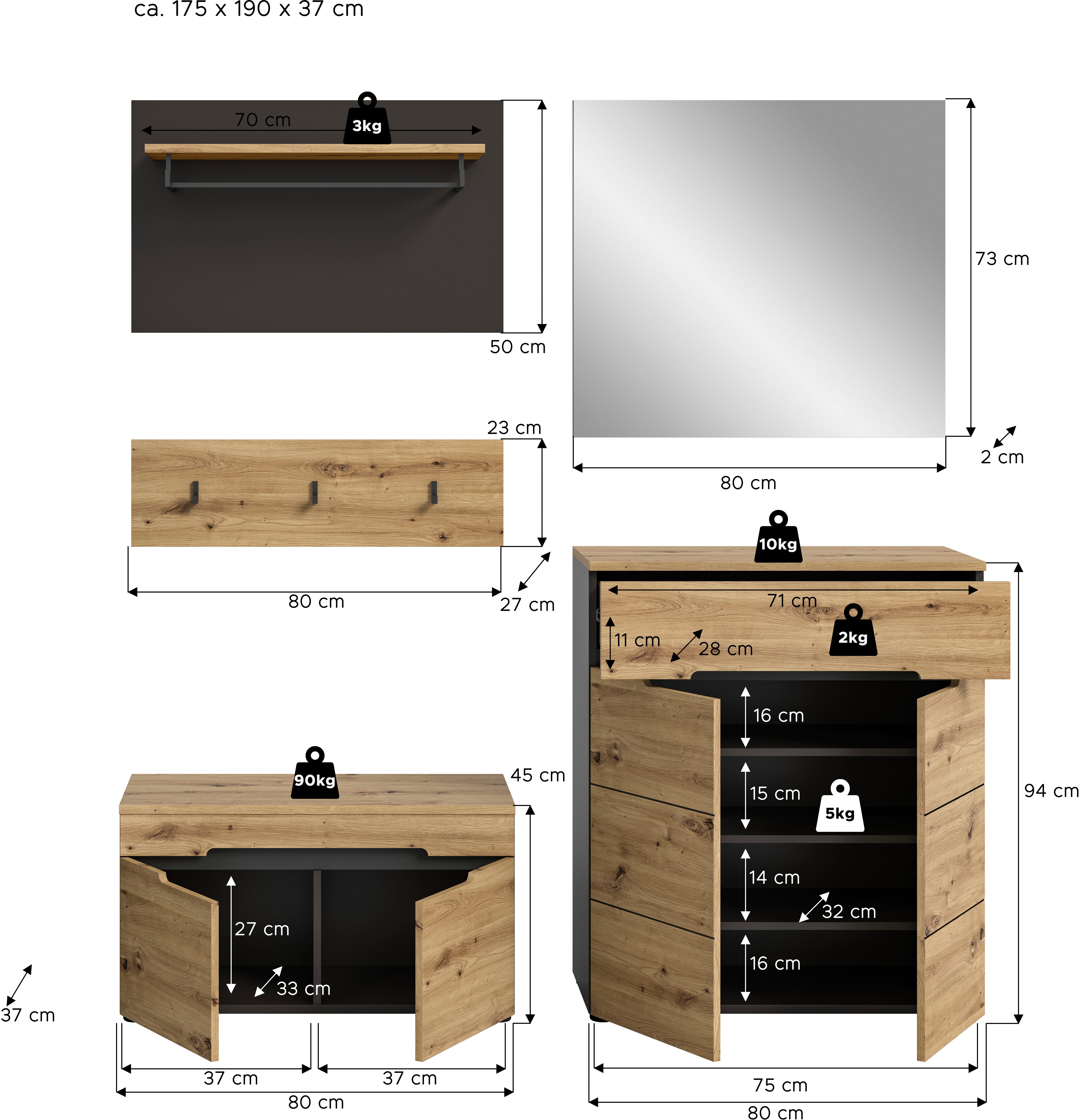 INOSIGN Halmeubelset Garderobecombinatie Rehat, breedte 175cm,in basalt grijs/Artisan eiken Halmeubelen, gangmeubelen, combinatie, hal, garderobe, garderobemeubelen (4-delig)