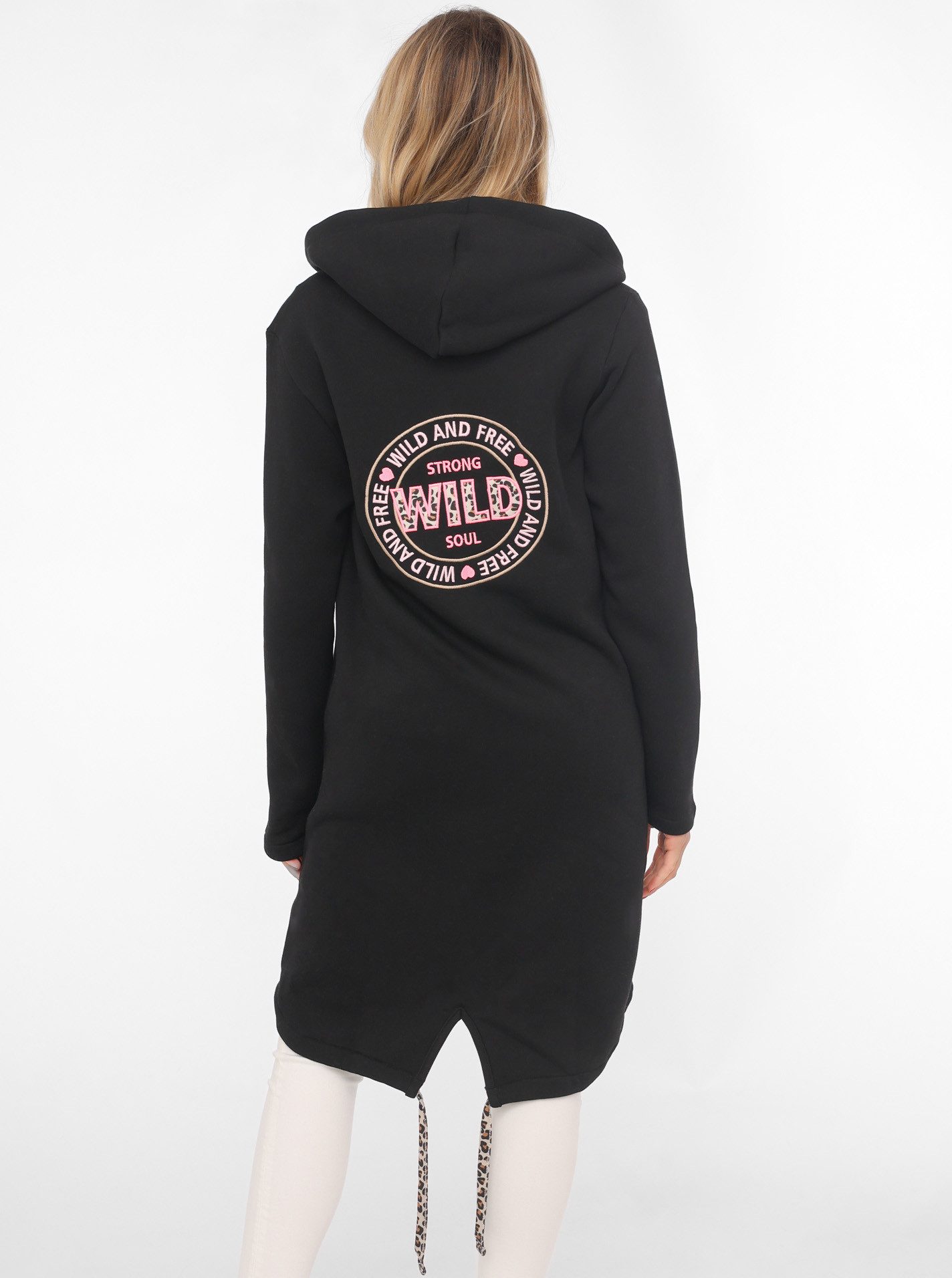 Zwillingsherz Jersey jas Wild and Free met opvallend voor- en achtermotief en leo-details