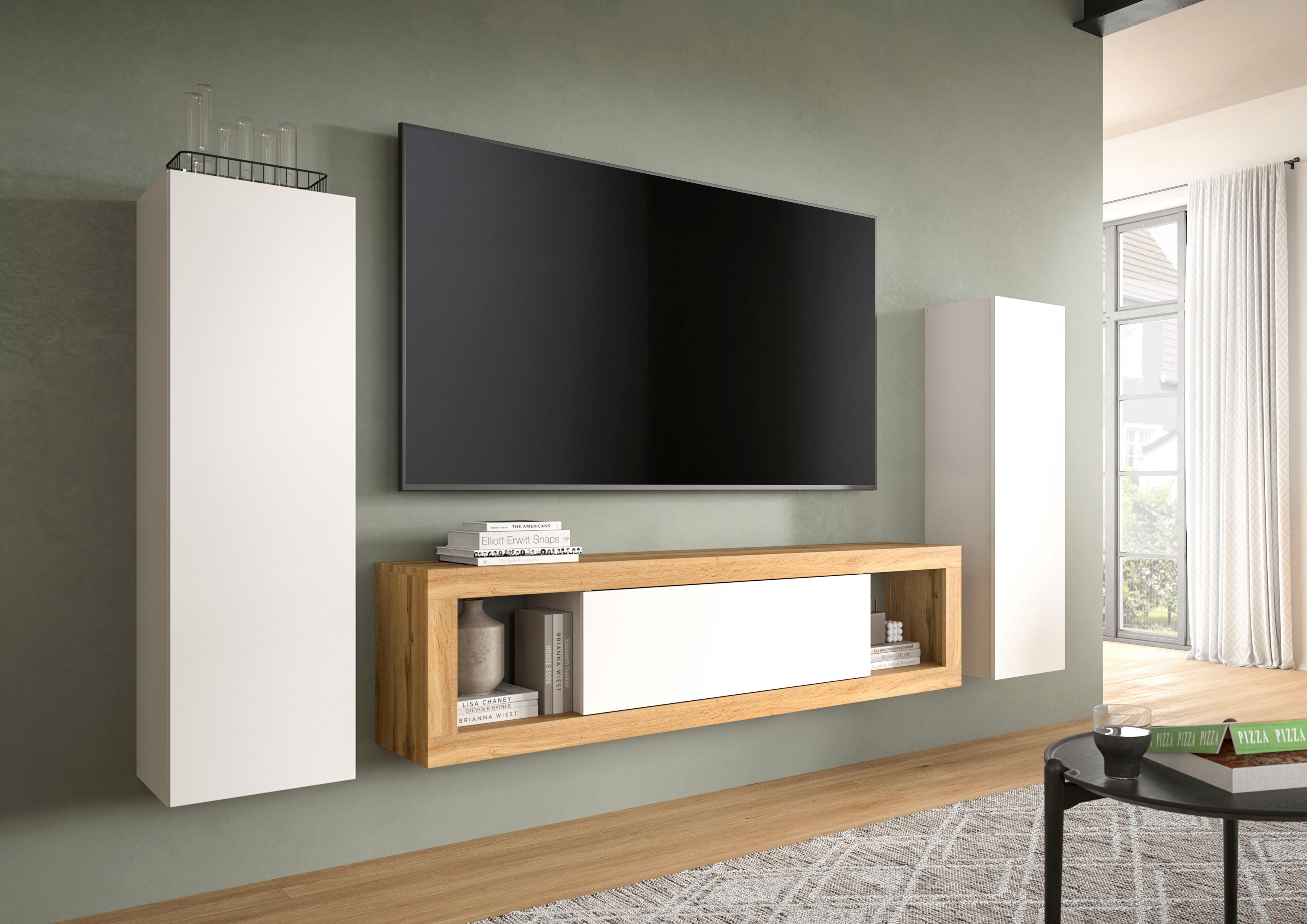 INOSIGN Tv-meubel Trinity, Breedte 180 cm, staand en hangend, 1 klep, 2 open vakken, greeploze fronten, tv-meubel, tv-kast, hangkast