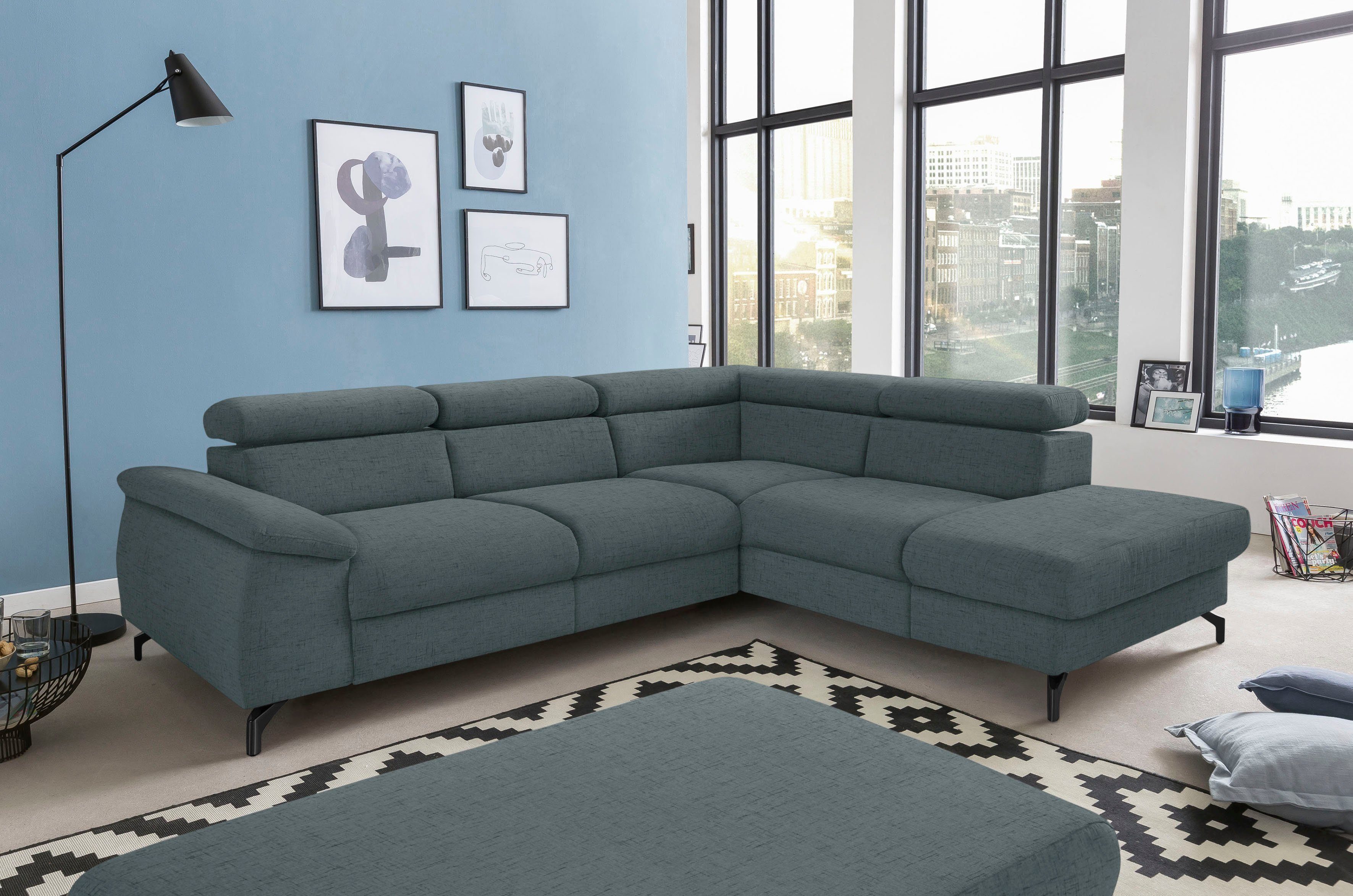 COTTA Zithoek Komaris L-vorm Set: bestaand uit hoekbank en hocker, vrij plaatsbaar (set) blauw, zithoeken, Ottomane rechts, Met verstelbare