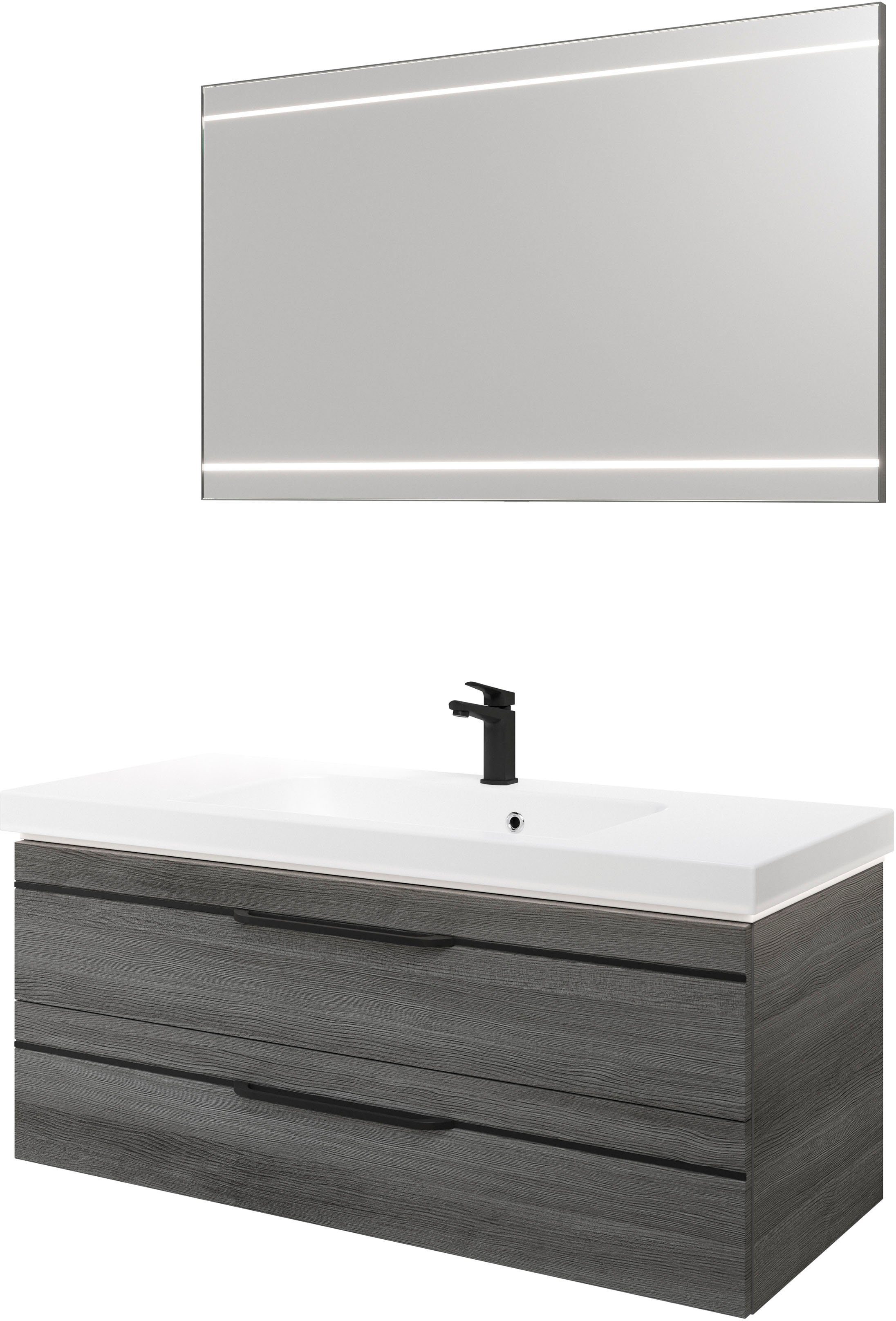 Saphir Badkamerserie Balto 2-delig mineraalmarmeren wastafel met led-spiegel, 123 cm breed (2-delig) badmeubelsets grijs