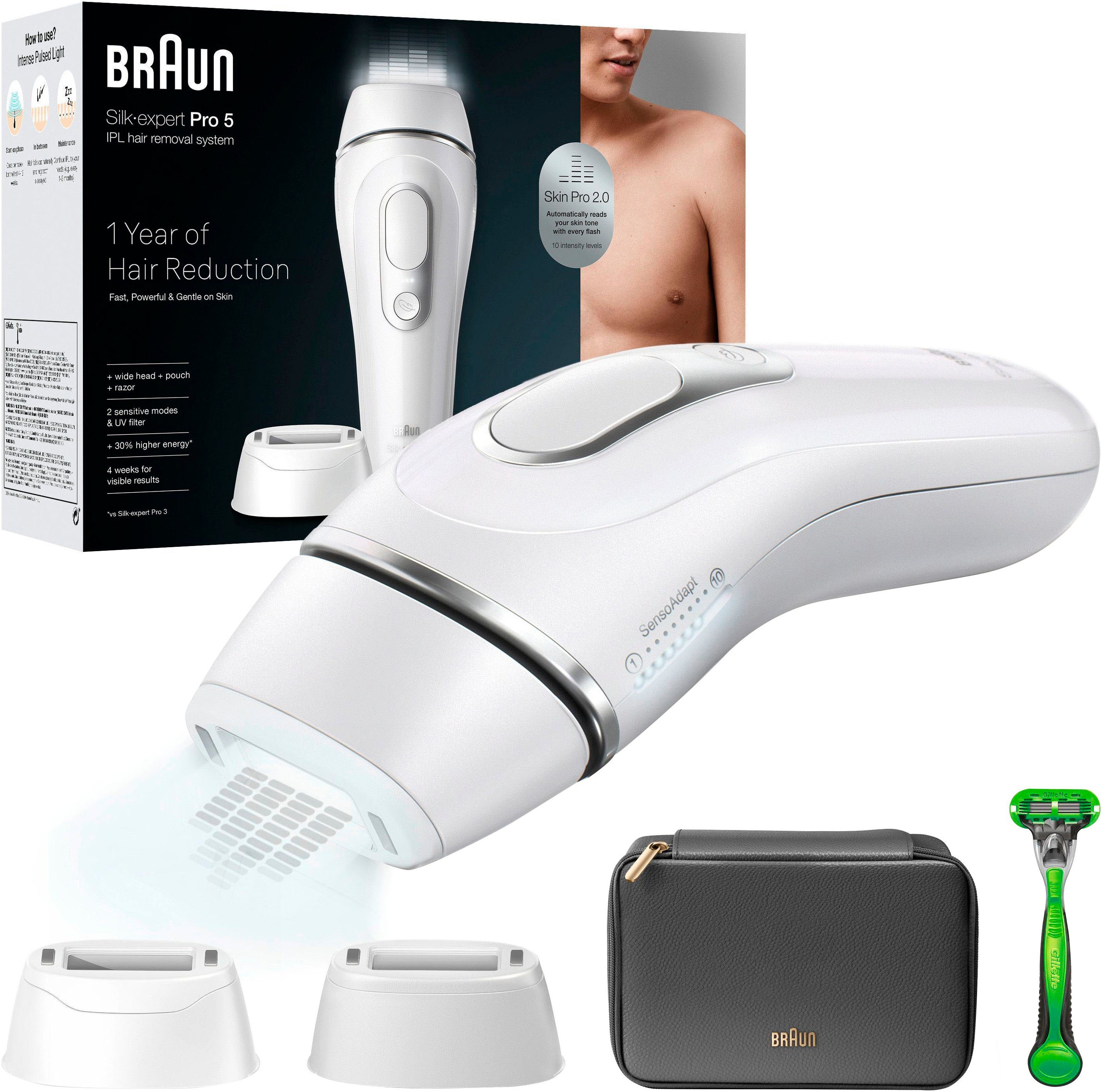 Braun IPL-ontharingsapparaat Silk·expert Pro 5 PL5145 voor mannen, 2 opzetstukken & 1 gillette scheerapparaat, opbergtas