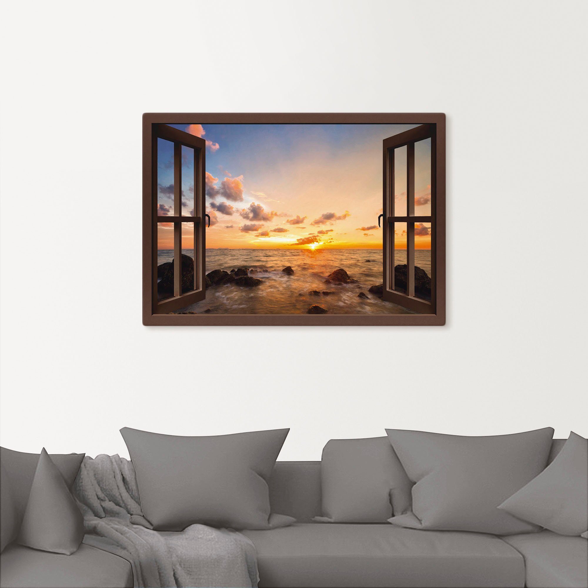 Artland Artprint Blik uit het venster zonsondergang aan zee als artprint van aluminium, artprint voor buiten, artprint op linnen, poster, muursticker