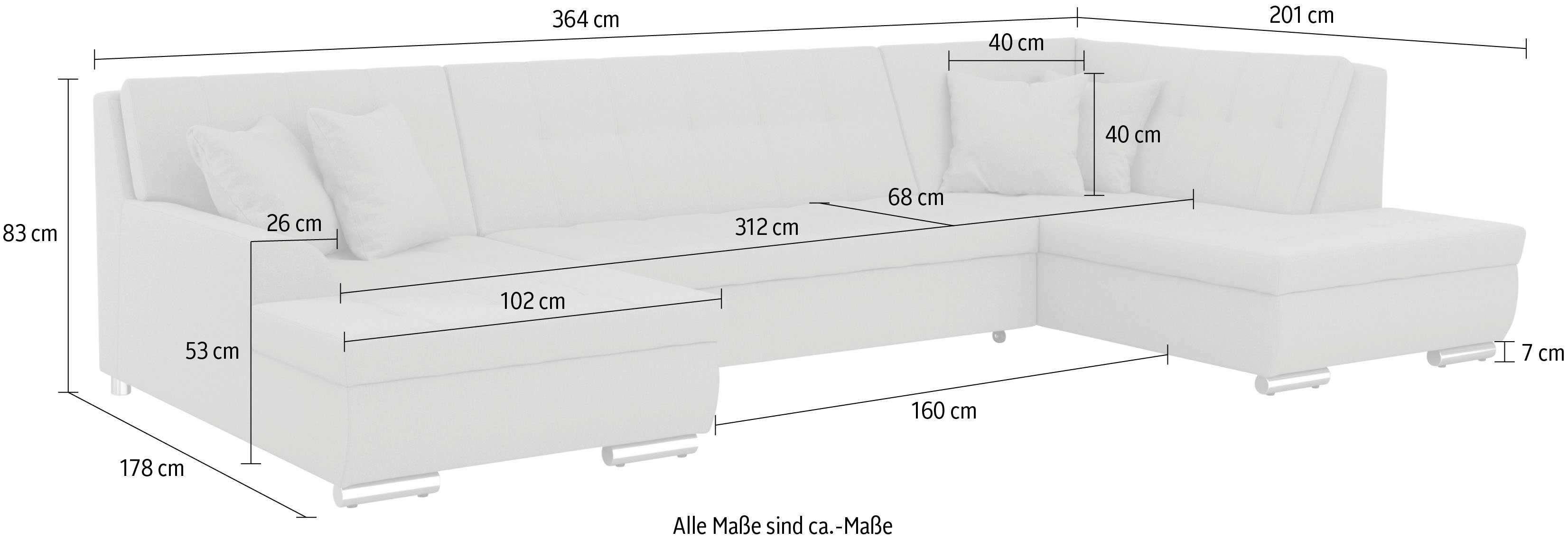 DOMO collection Zithoek Treviso inclusief sierkussen, moderne stiksels, XXL: B/D/H: 364/201/83 cm naar keuze met slaapfunctie, in vele soorten bekleding ook in cord u-model
