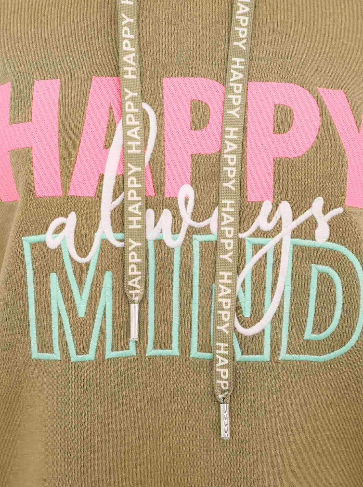 Zwillingsherz Sweatjurk Always Happy Mind met capuchon en vrolijke boodschap, neon armboorden