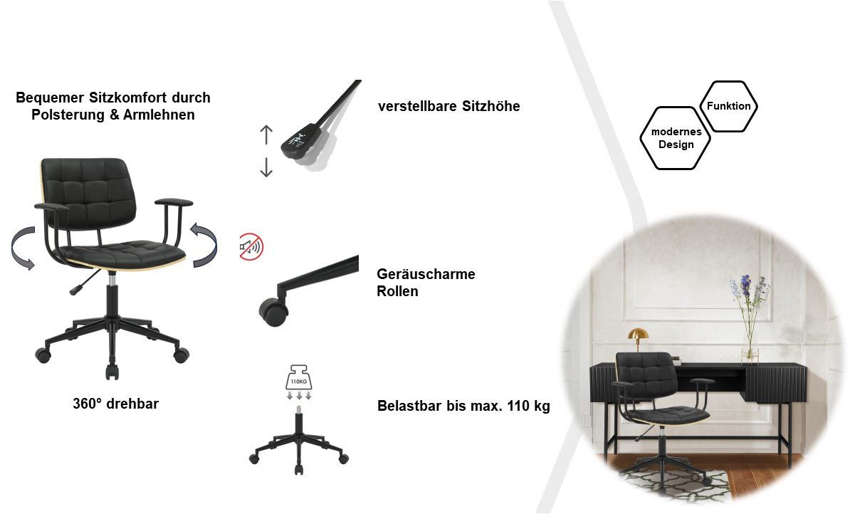 Guido Maria Kretschmer Home&Living Bureaustoel Synne met stiksels, fineerhout, stille wielen, moderne retrolook