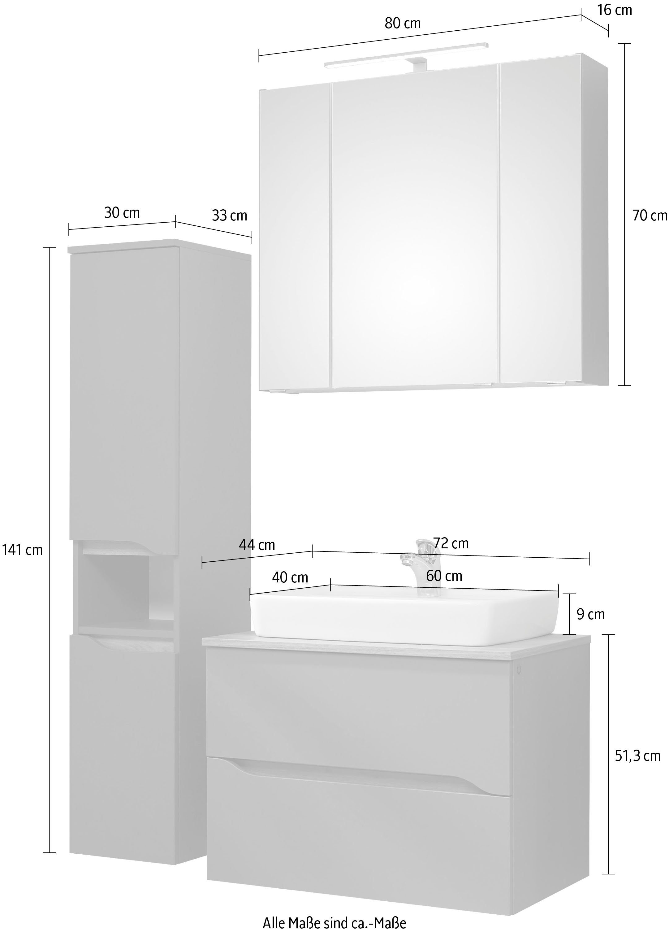 Saphir Badkamerserie Quickset 3-delig, keramische opzetwasbak met LED-spiegelkast Halfhoge kast, inclusief deurdemper, 2 laden, 5 deuren, 8 planken (3-delig)
