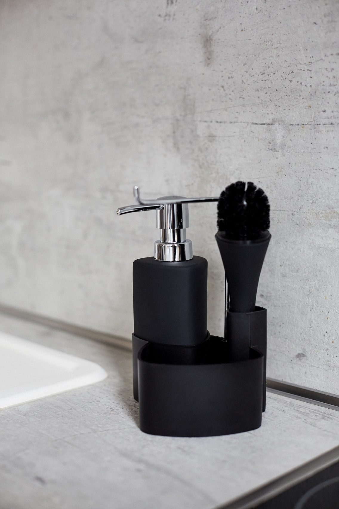 WENKO Dispenser voor afwasmiddel Model Festival van keramiek, soft-touch coating, met afwasponsvak, 380 ml (1-delig)