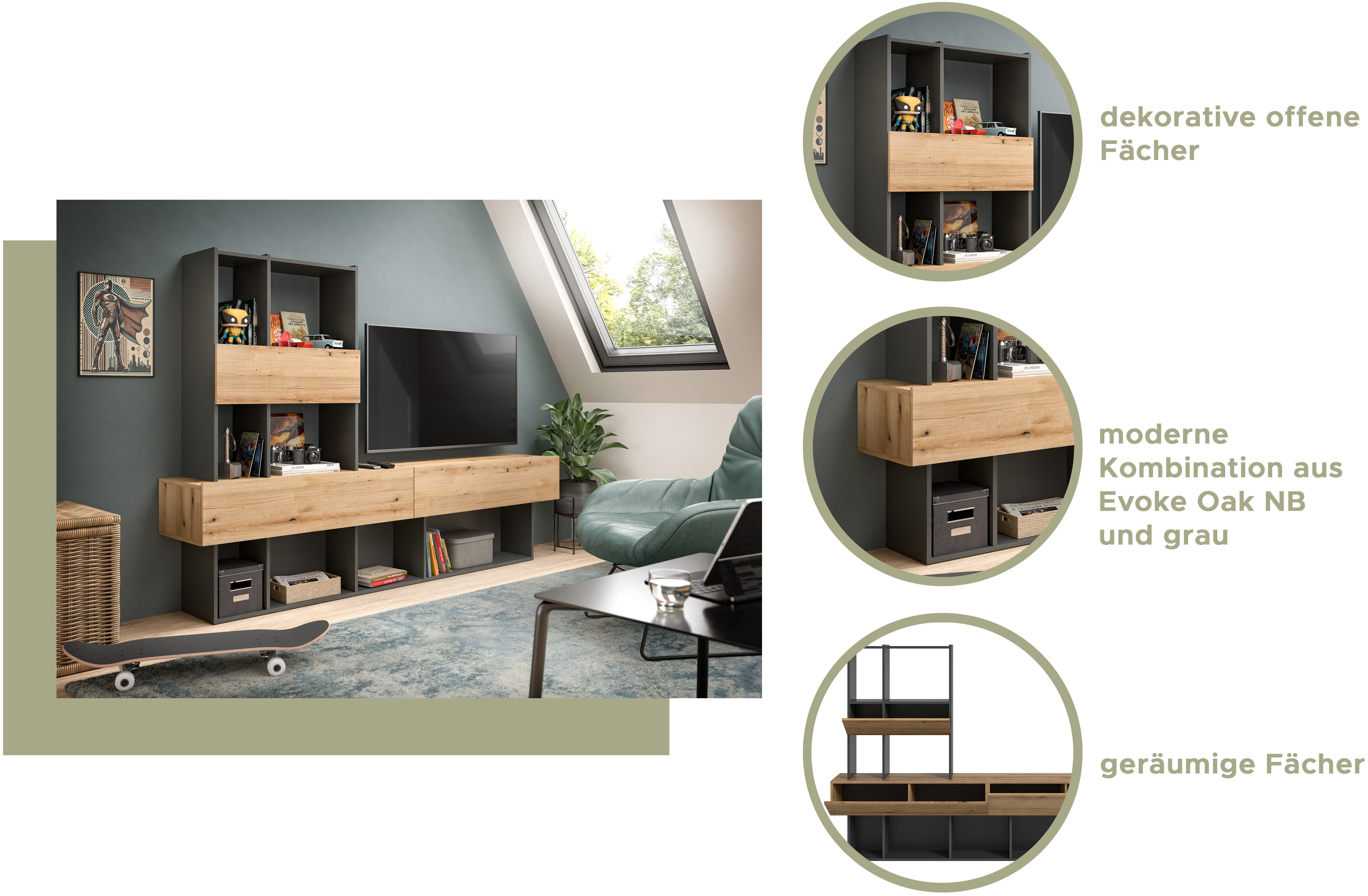 INOSIGN Wandmeubel Tyson, breedte 210 cm, bestaat uit: lowboard en opzetrek