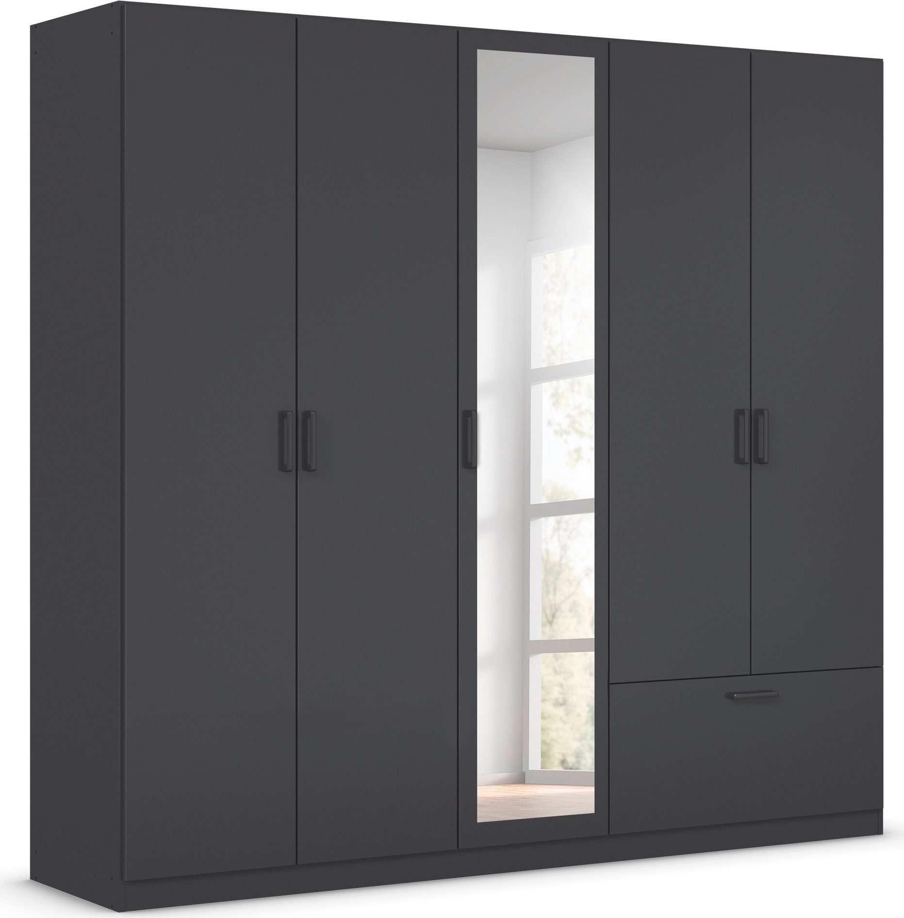 rauch Draaideurkast Kledingkast kast garderobe waskast BARI met spiegel met lades aan de buitenkant, moderne greep in grijs metallic made in germany