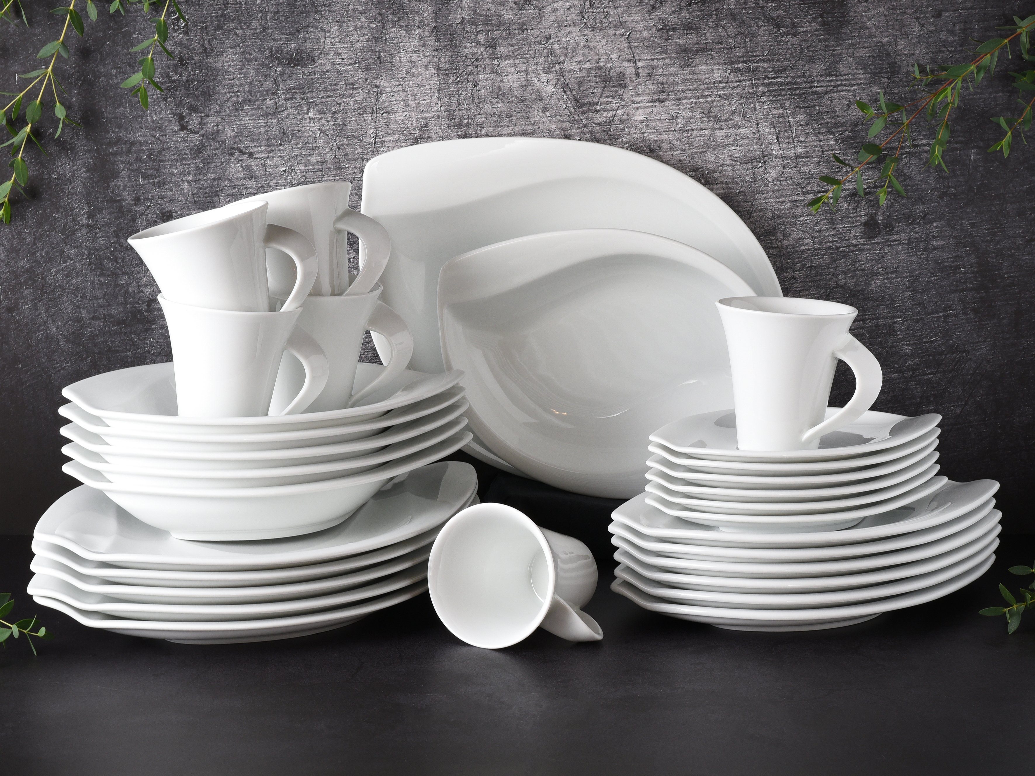 CreaTable Combi-servies Servies-set ACACIA Servies, wit, opvallend model, 30 delen, voor 6 personen (set, 30-delig)