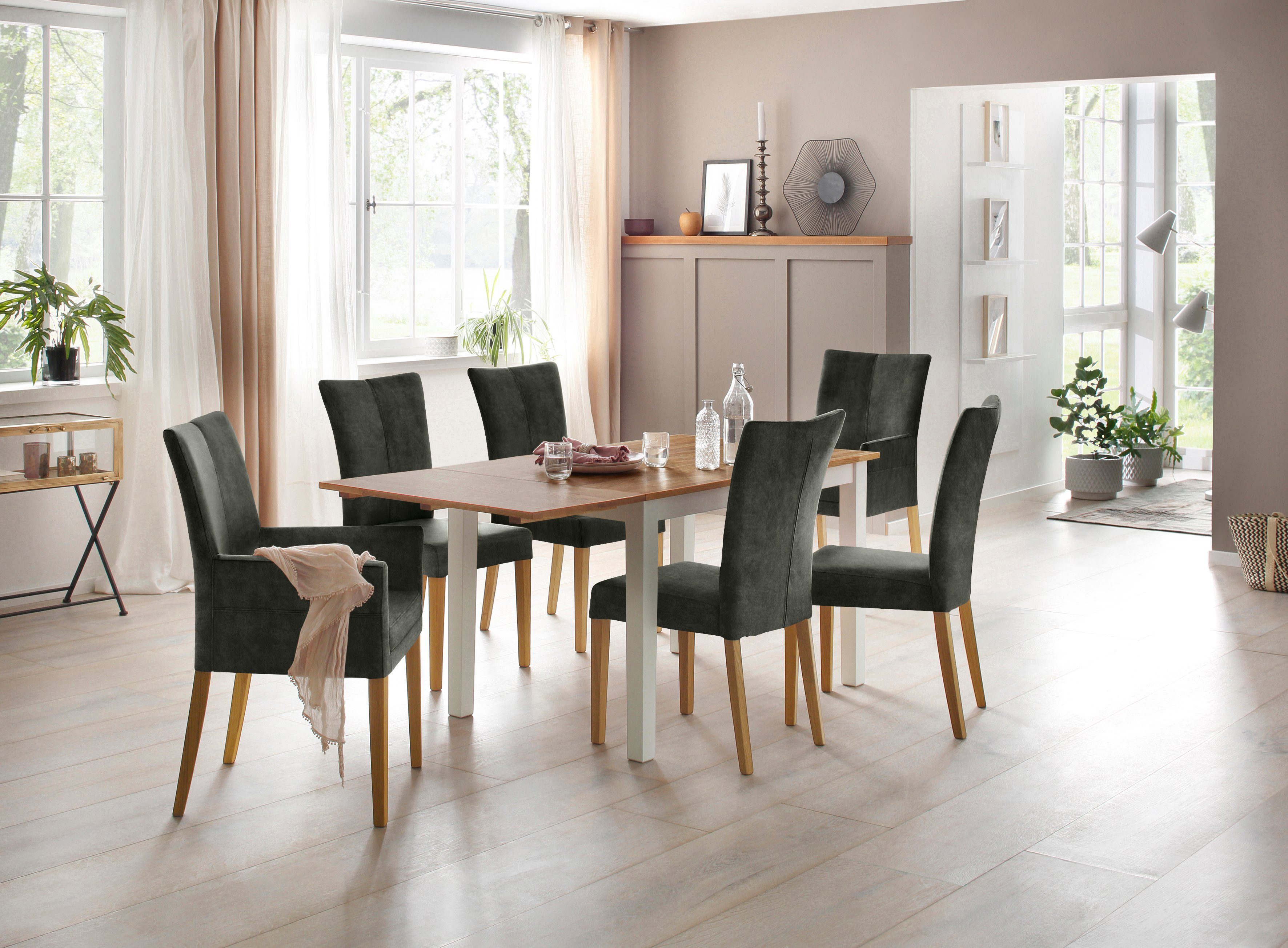 Home affaire Eetkamerstoel Aspen gestoffeerde stoel Massief houten frame, in veel bekledingskwaliteiten landhuis (set, 2 stuks)