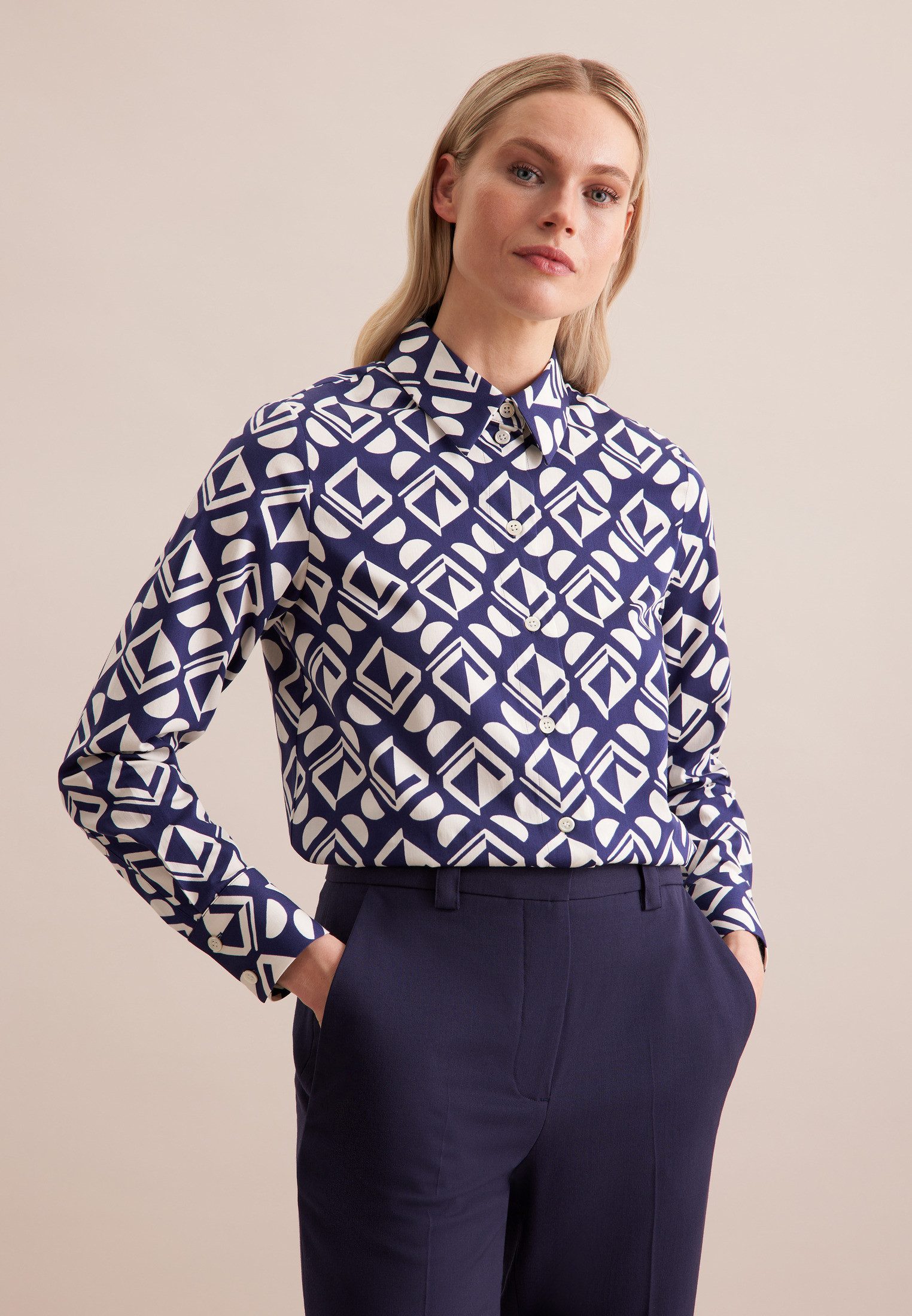 seidensticker Overhemdblouse Zwarte roos Lange mouwen kraag geometrische motieven dames lange blouses maat L (40) blauw